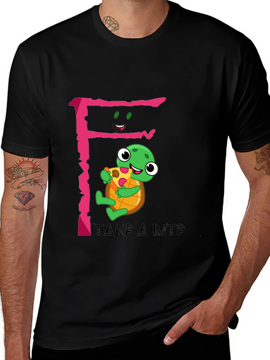 Cute Turtle Pizza Bite Black T-Shirt