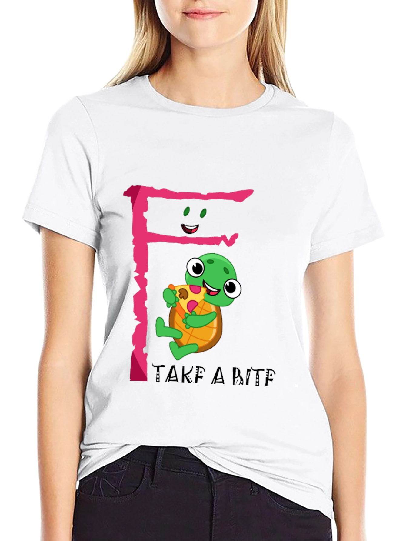 Cute Turtle Pizza Bite Black T-Shirt