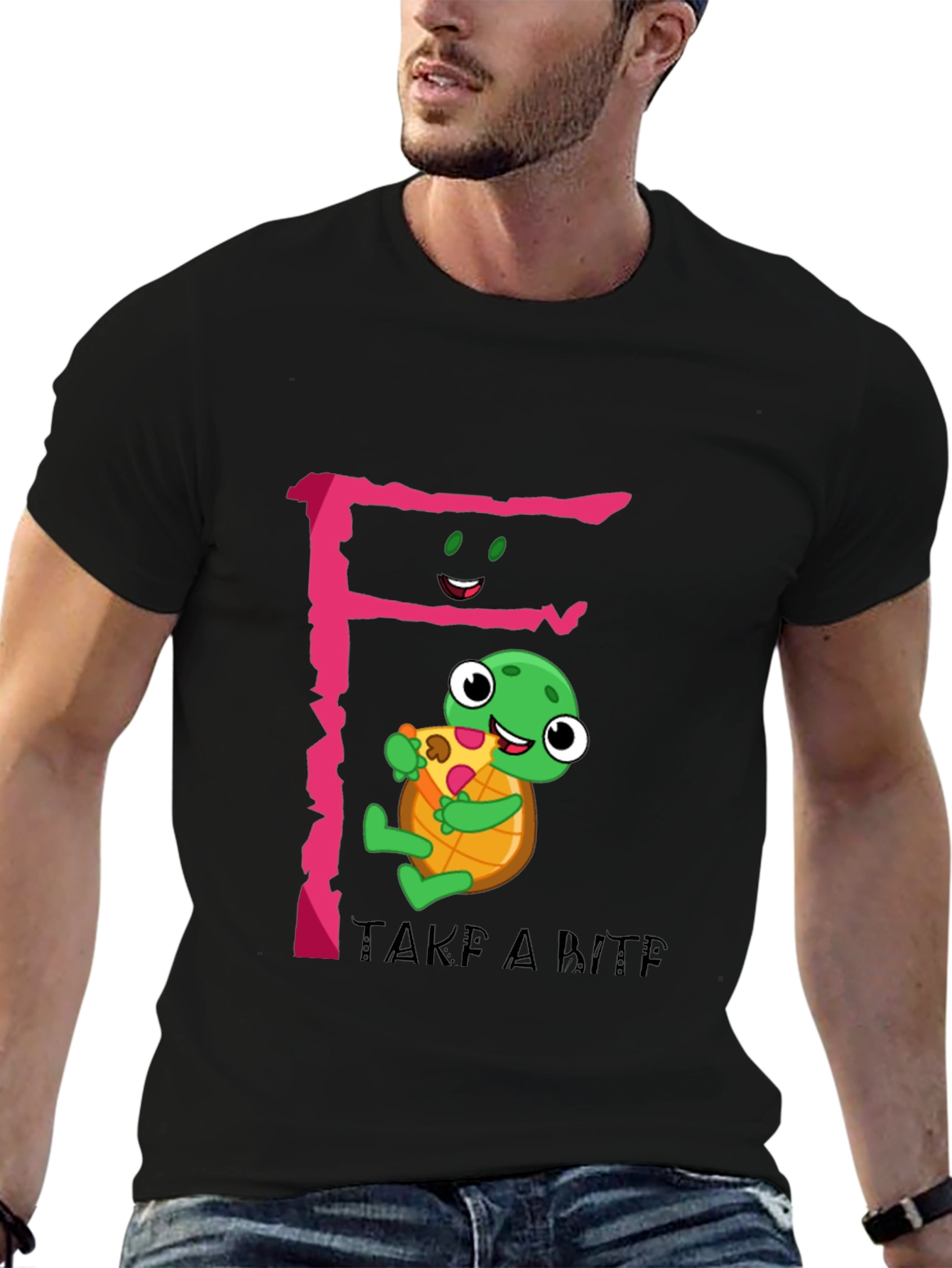 Cute Turtle Pizza Bite Black T-Shirt