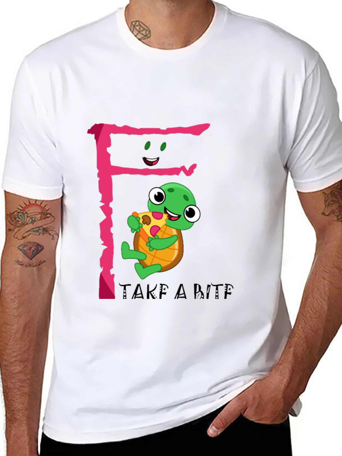 Cute Turtle Pizza Bite Black T-Shirt