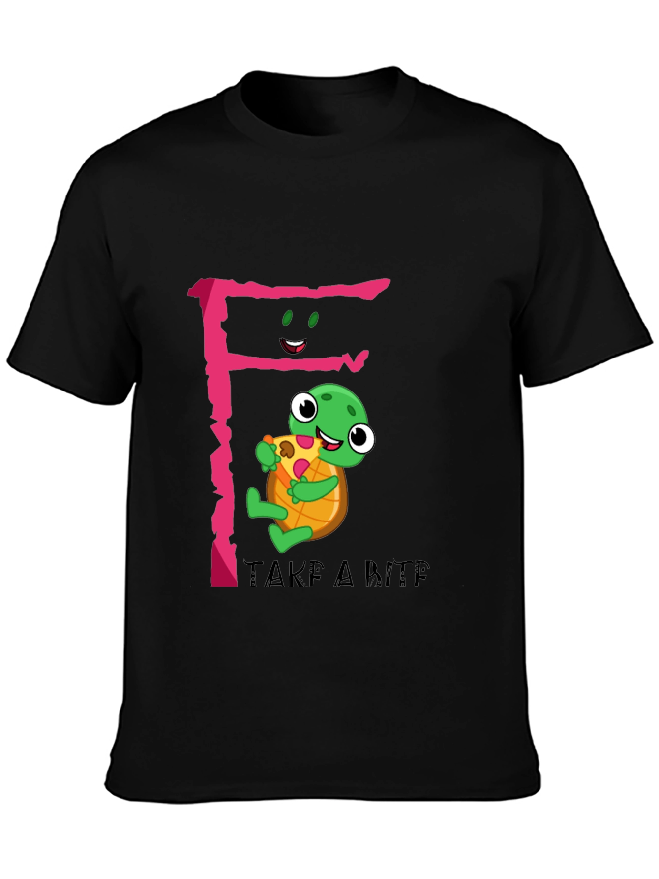 Cute Turtle Pizza Bite Black T-Shirt