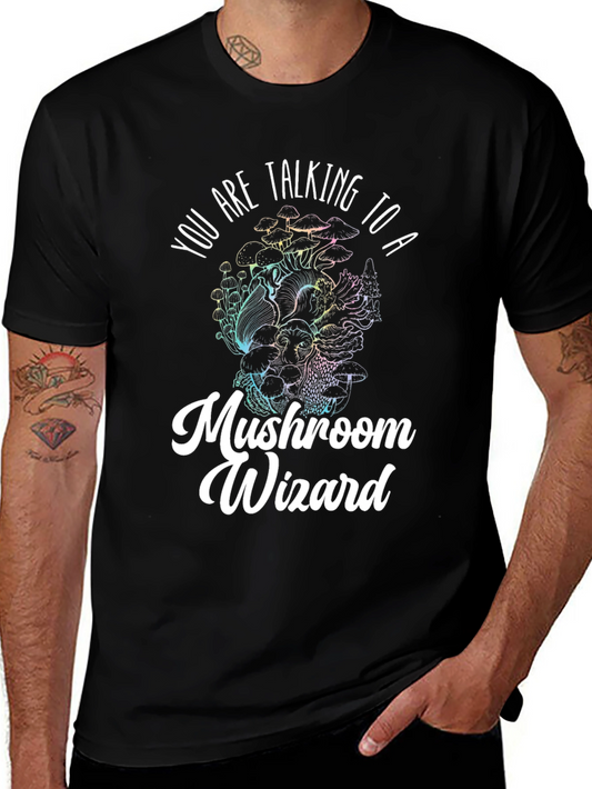 Mushroom Wizard Graphic Tee - Black Novelty T-Shirt