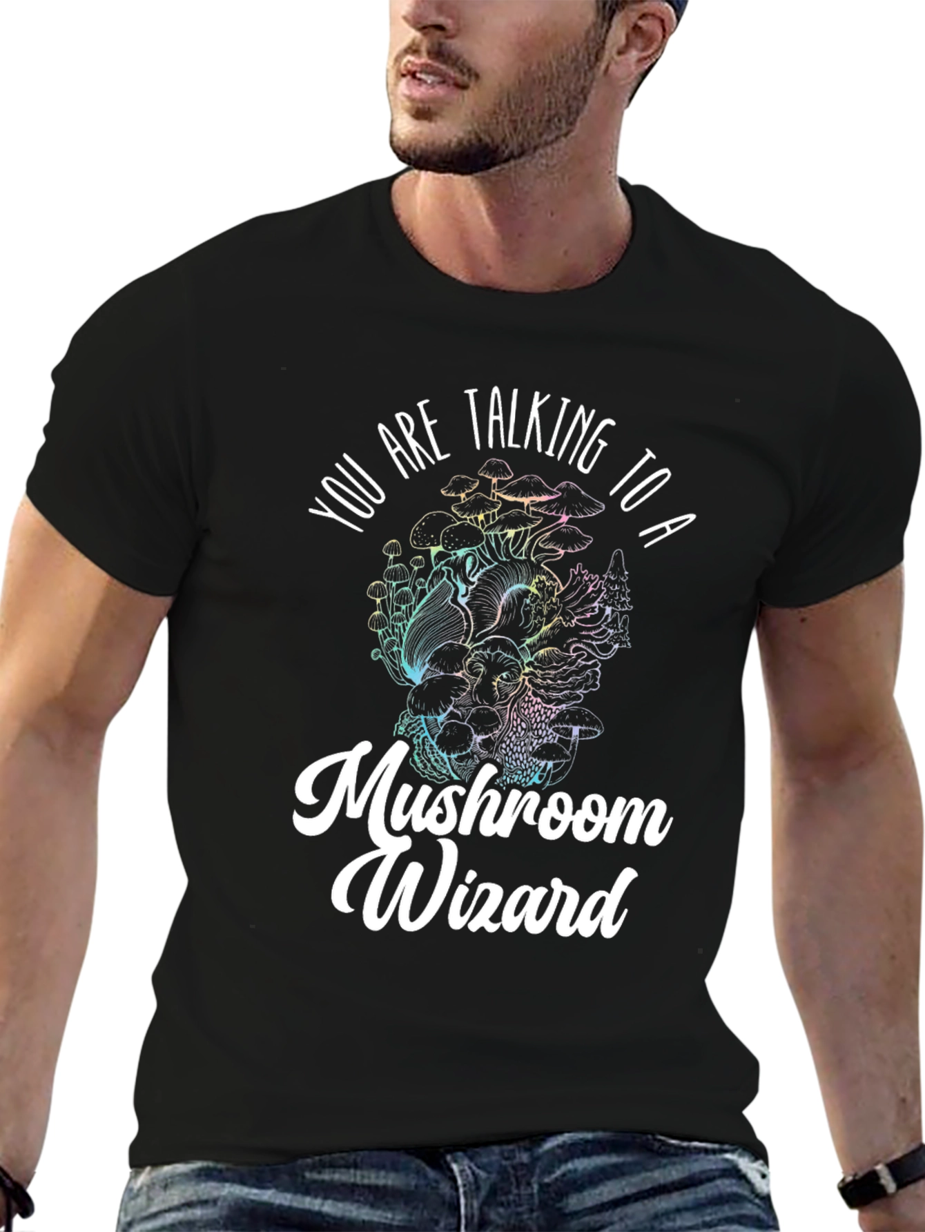 Mushroom Wizard Graphic Tee - Black Novelty T-Shirt
