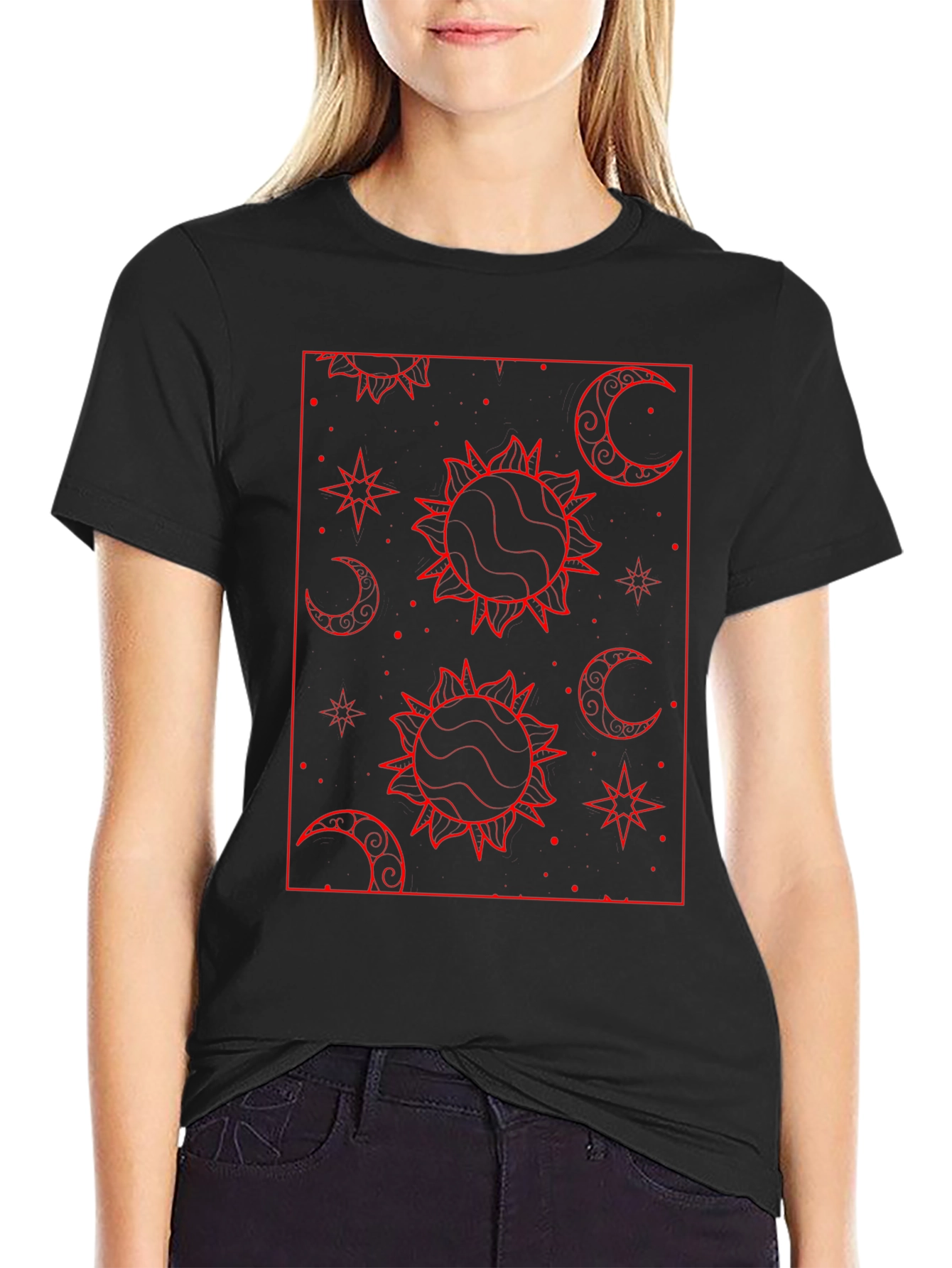 Celestial Sun & Moon Graphic Tee - Black