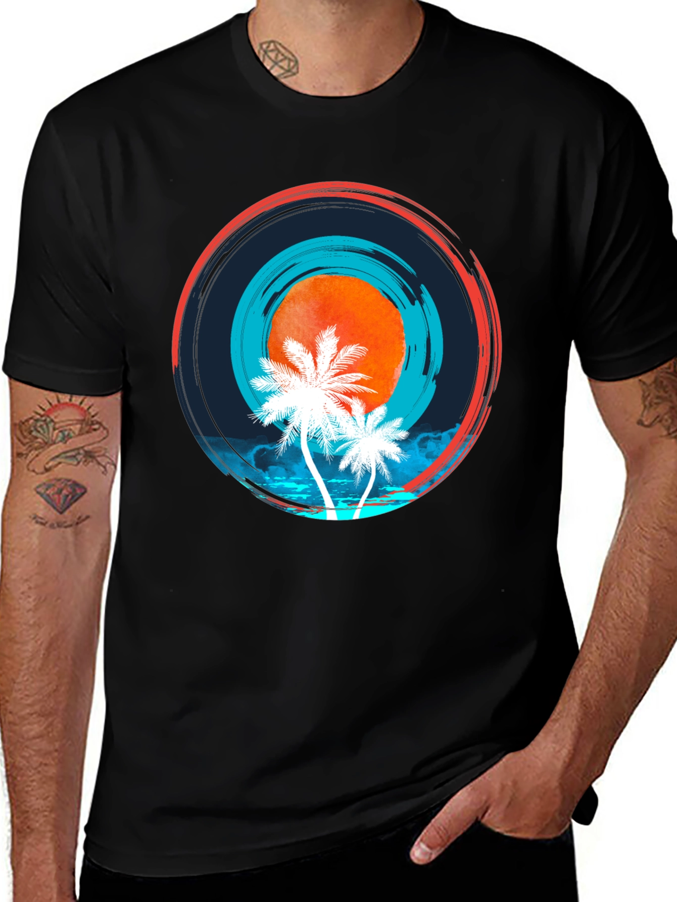 Sunset Palm Tree Graphic Black Tee