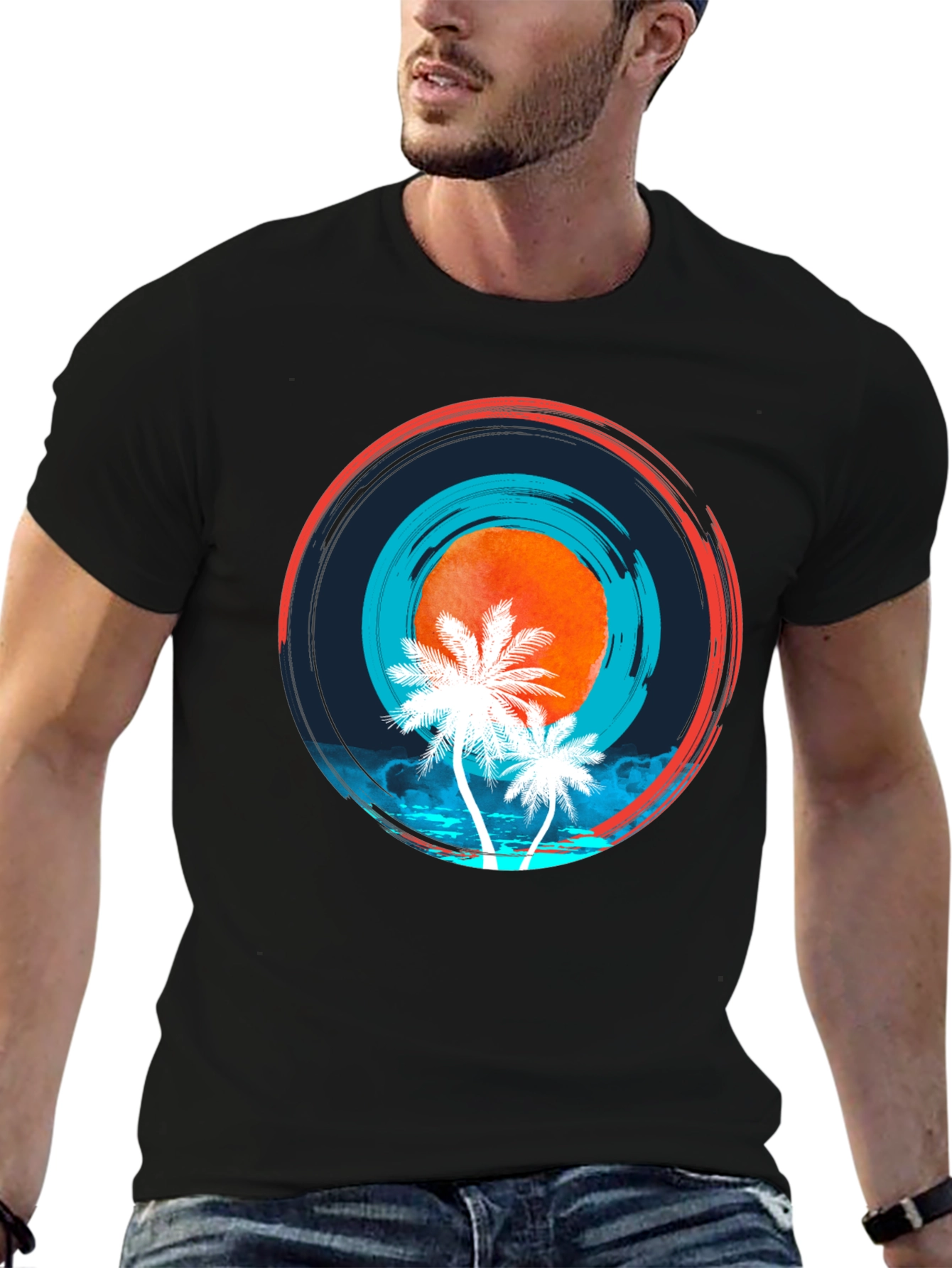 Sunset Palm Tree Graphic Black Tee