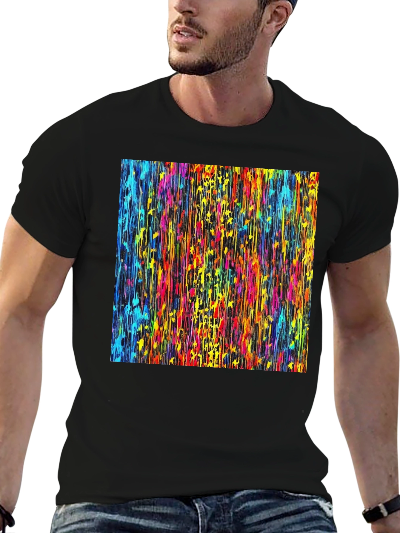 Vibrant Dripping Paint Graphic Tee - Artsy Black T-Shirt