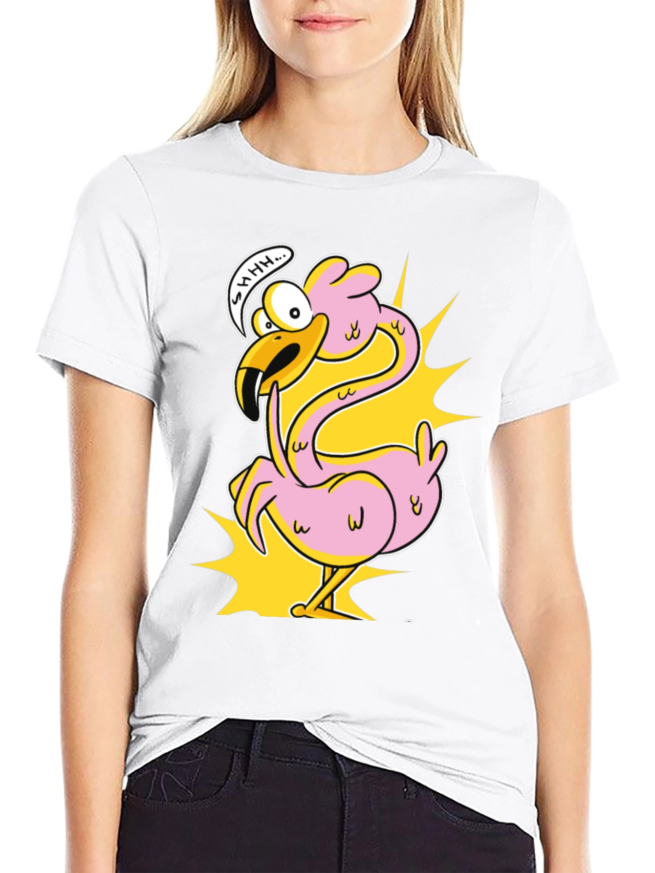 Shhh! Flamingo Cartoon Graphic T-Shirt