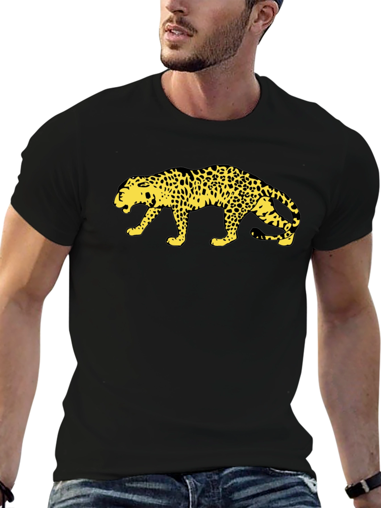 Bold Leopard Print Black Cotton T-Shirt