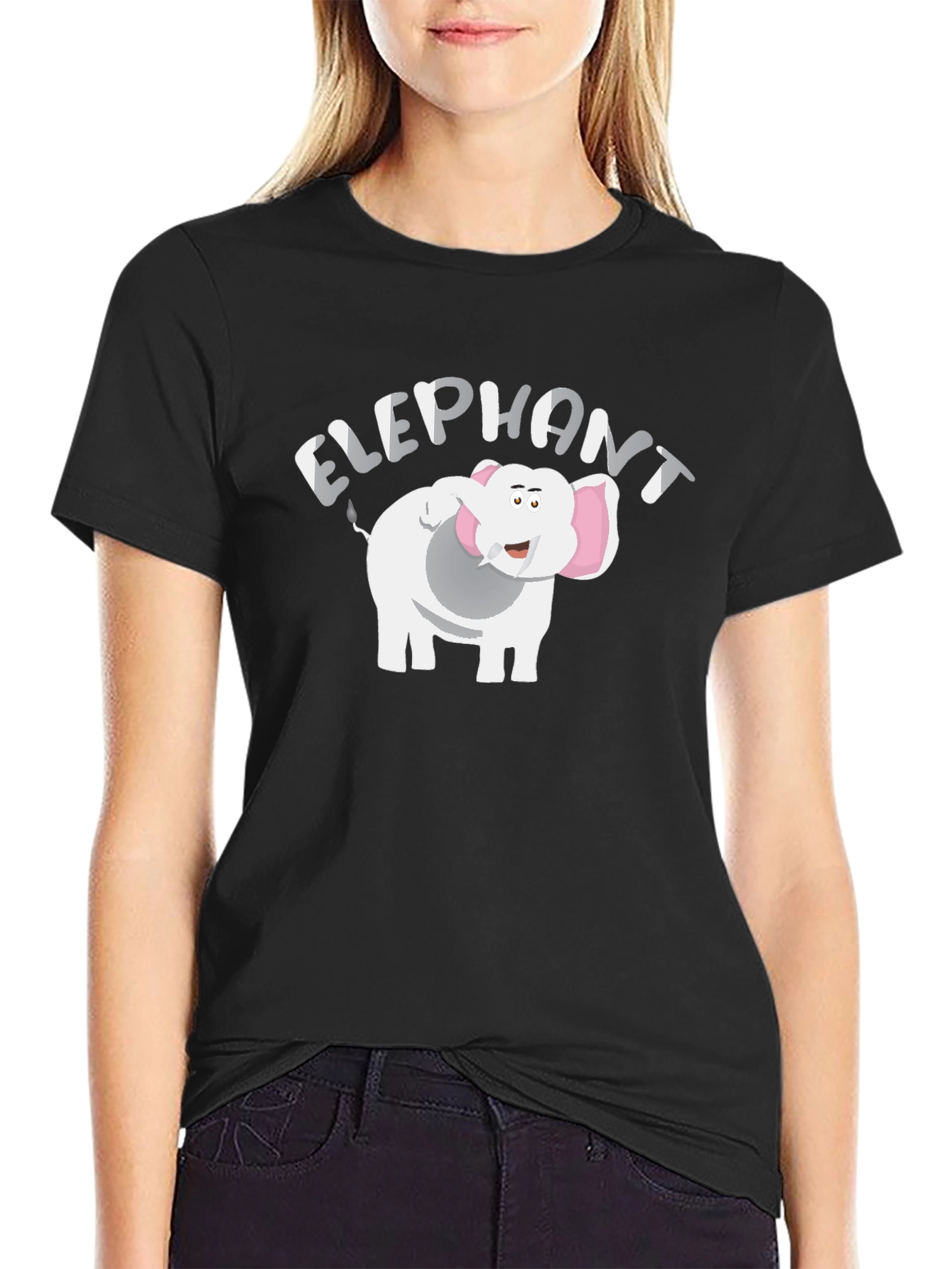 Cartoon Elephant Graphic T-Shirt - Black