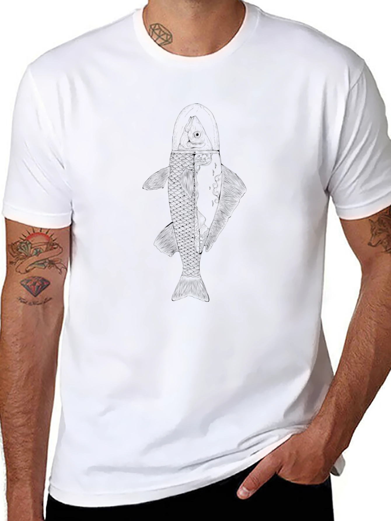 Mens Black T-Shirt with Subtle Fish Graphic