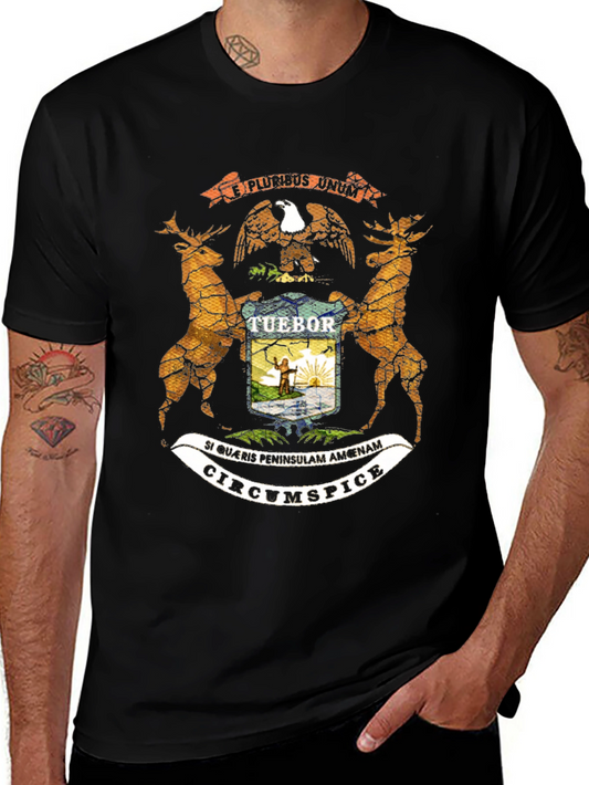 Michigan State Flag Graphic Tee - Black Cotton Casual T-Shirt