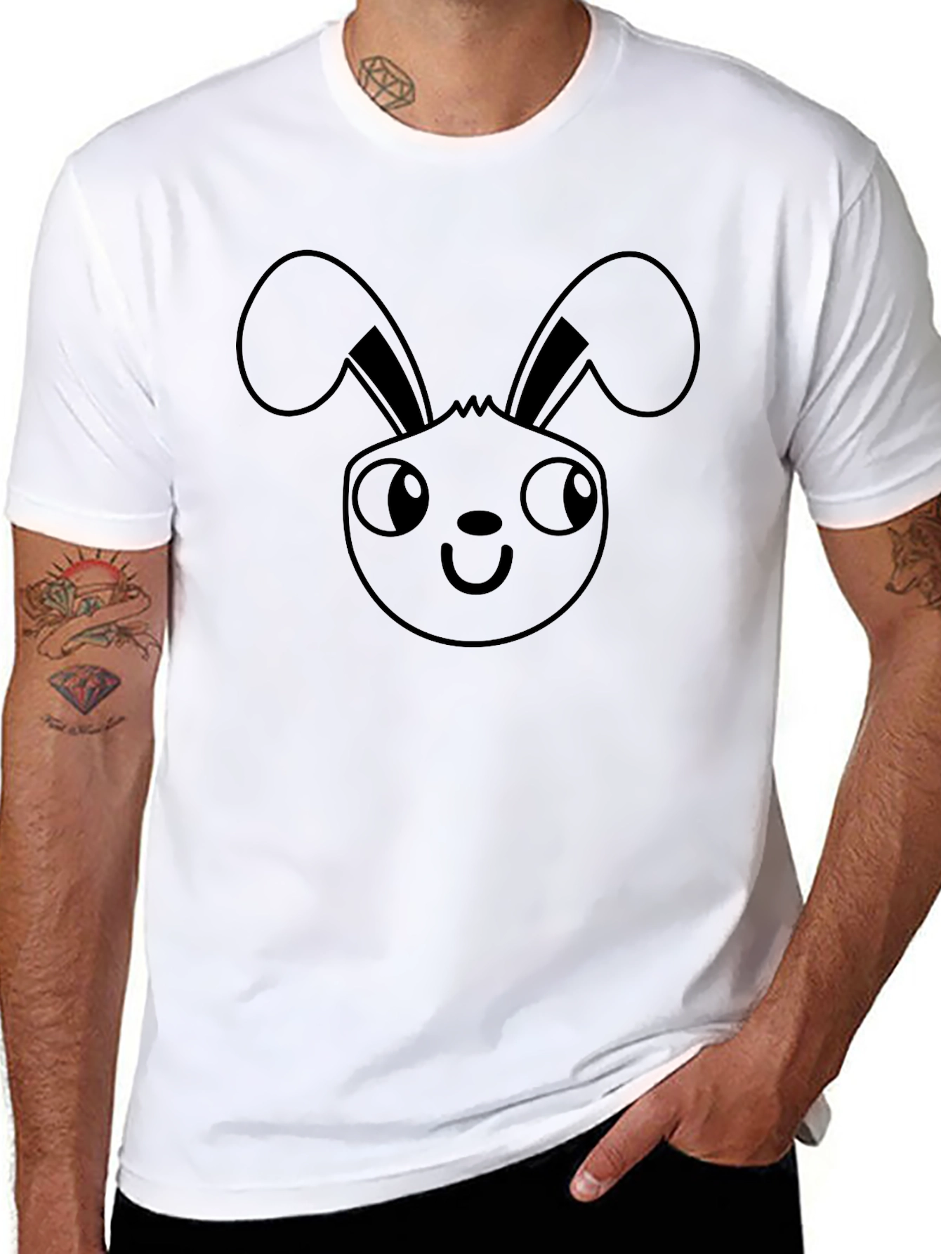 Bunny Face Graphic Tee - Black Cotton Casual T-Shirt