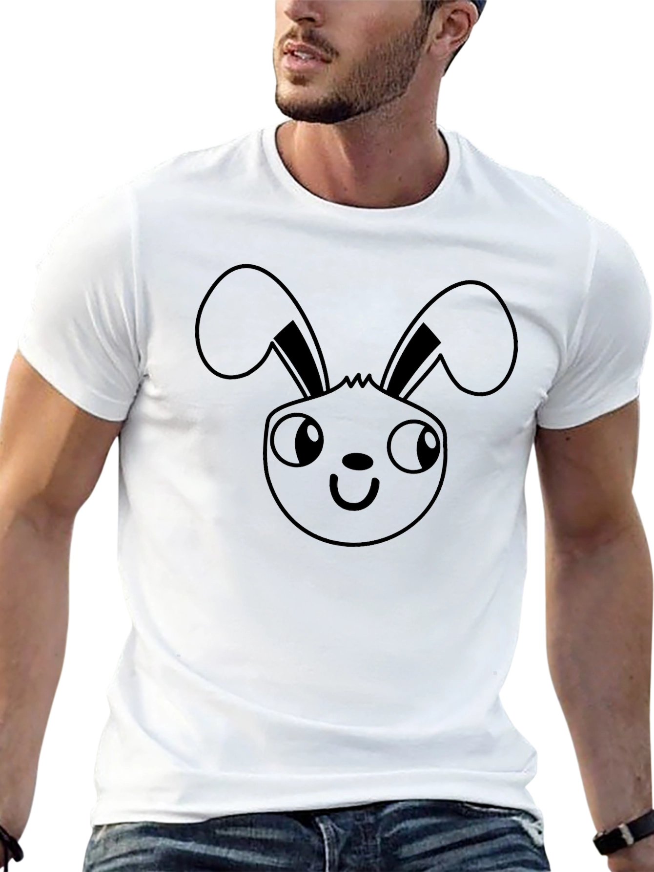 Bunny Face Graphic Tee - Black Cotton Casual T-Shirt
