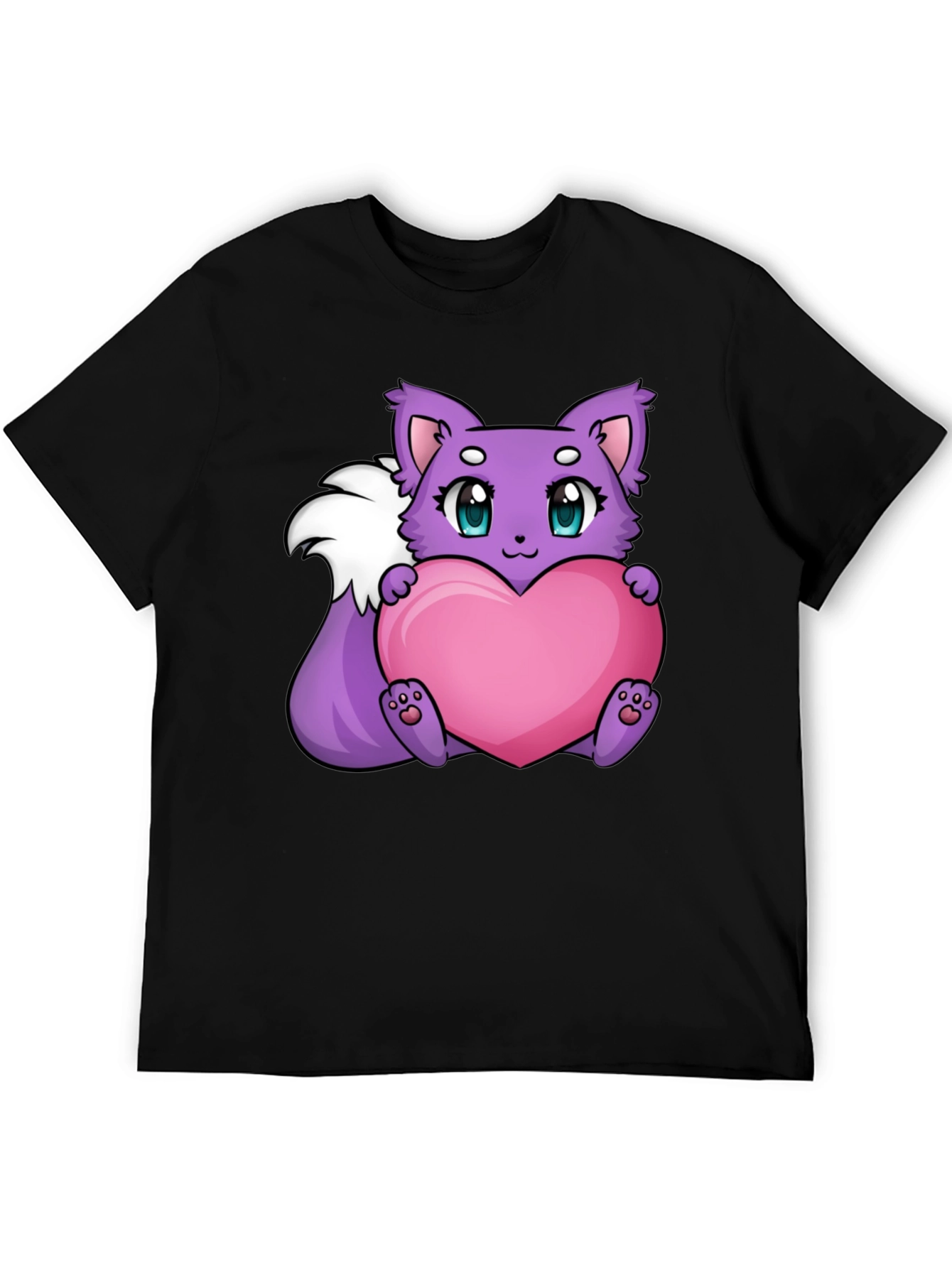 Cute Cartoon Fox Holding Heart - Black T-Shirt