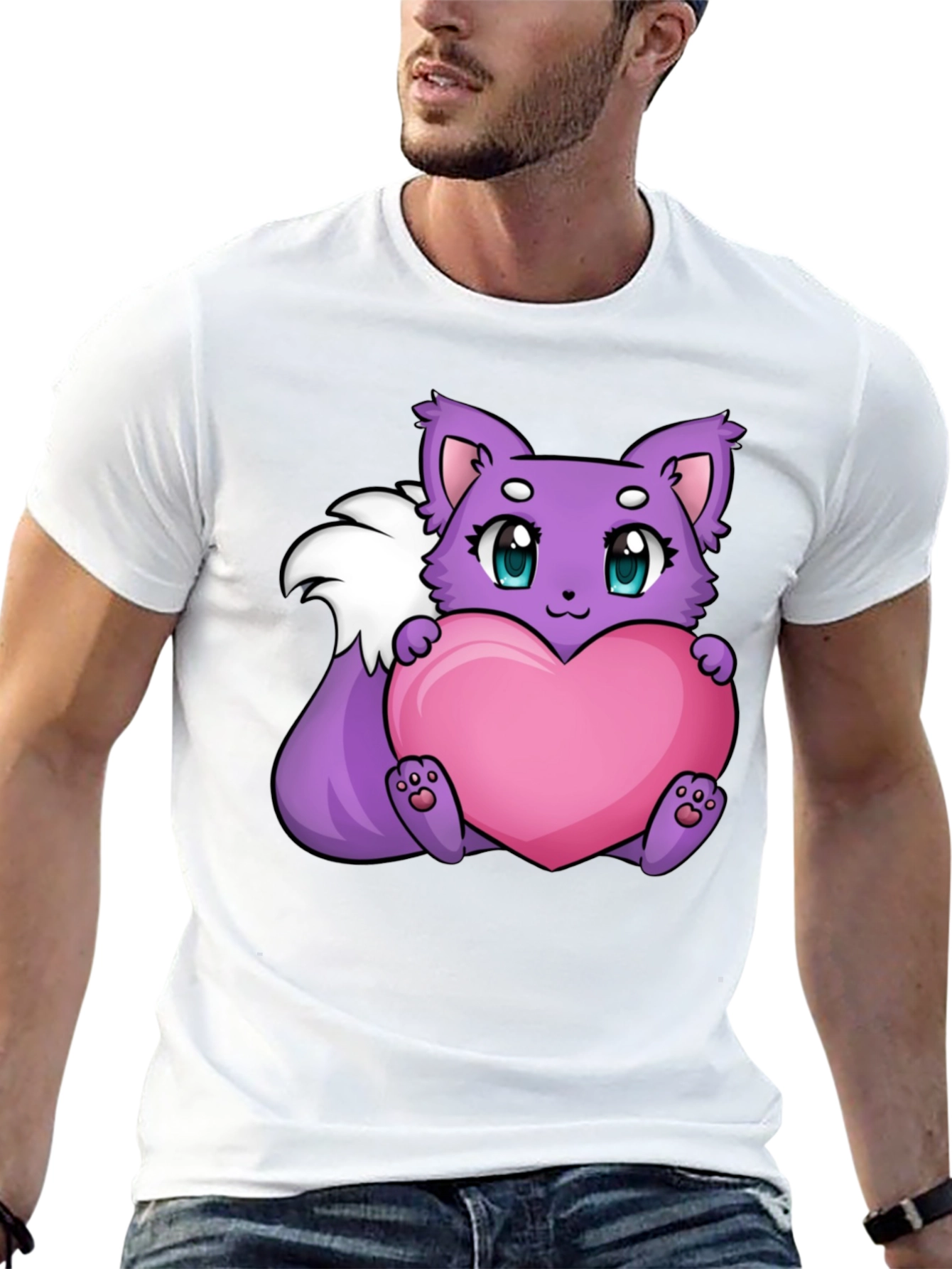 Cute Cartoon Fox Holding Heart - Black T-Shirt