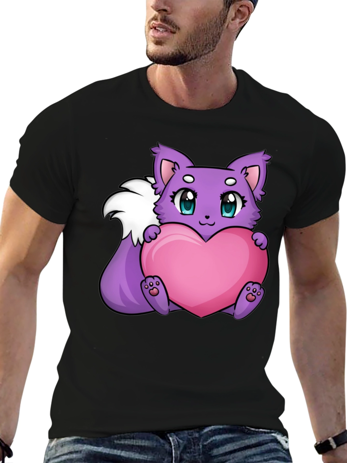 Cute Cartoon Fox Holding Heart - Black T-Shirt