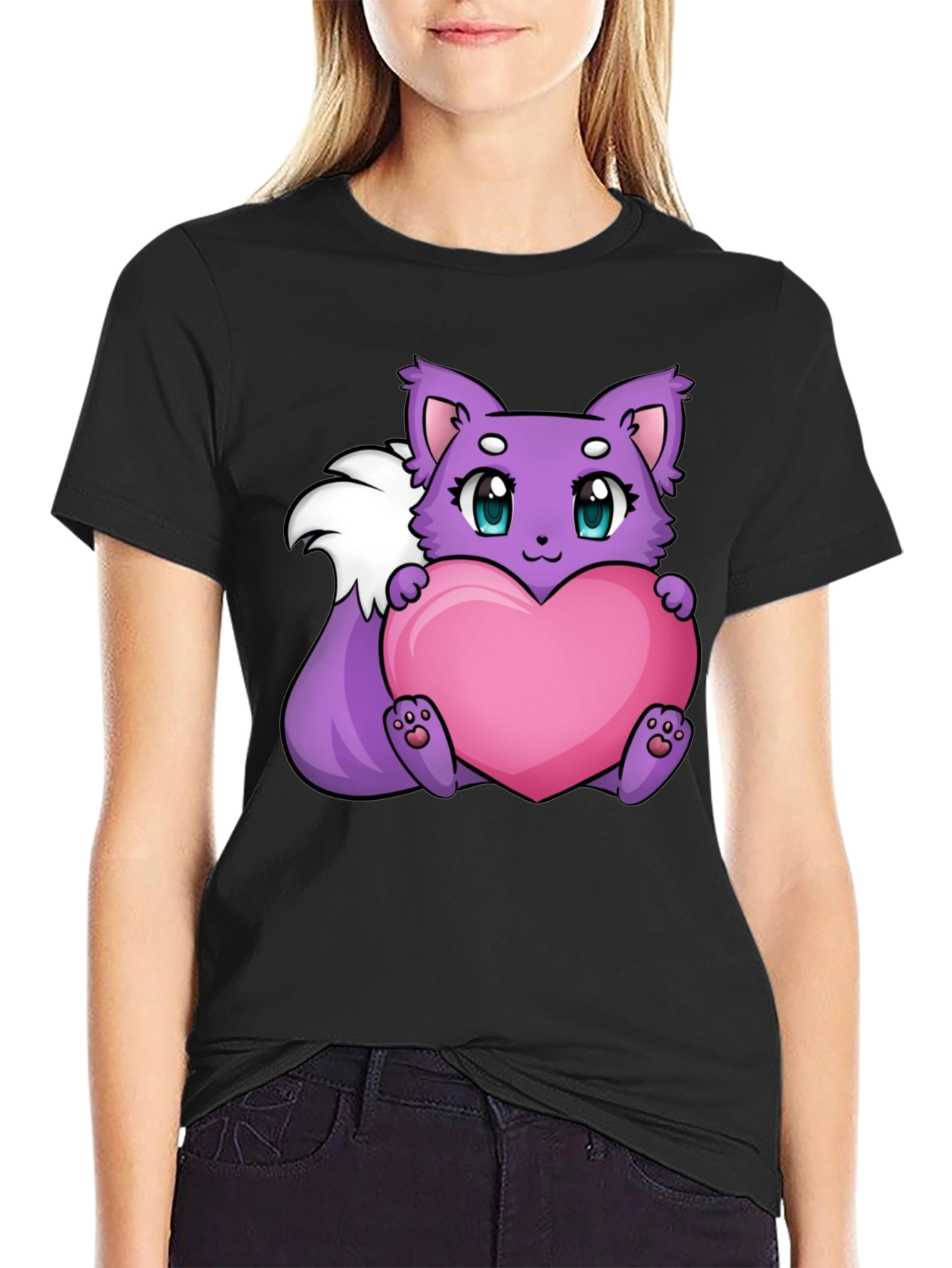 Cute Cartoon Fox Holding Heart - Black T-Shirt