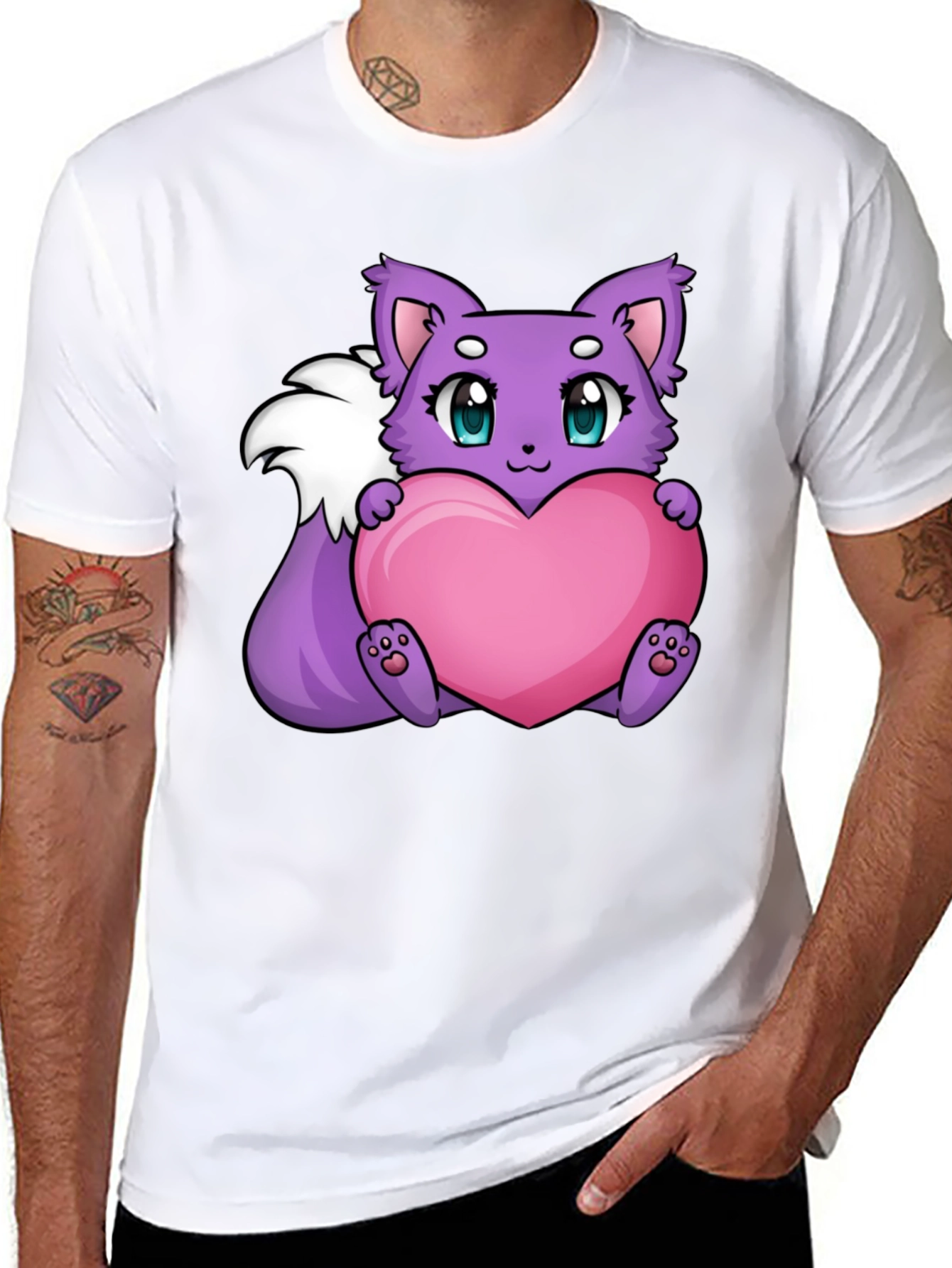 Cute Cartoon Fox Holding Heart - Black T-Shirt