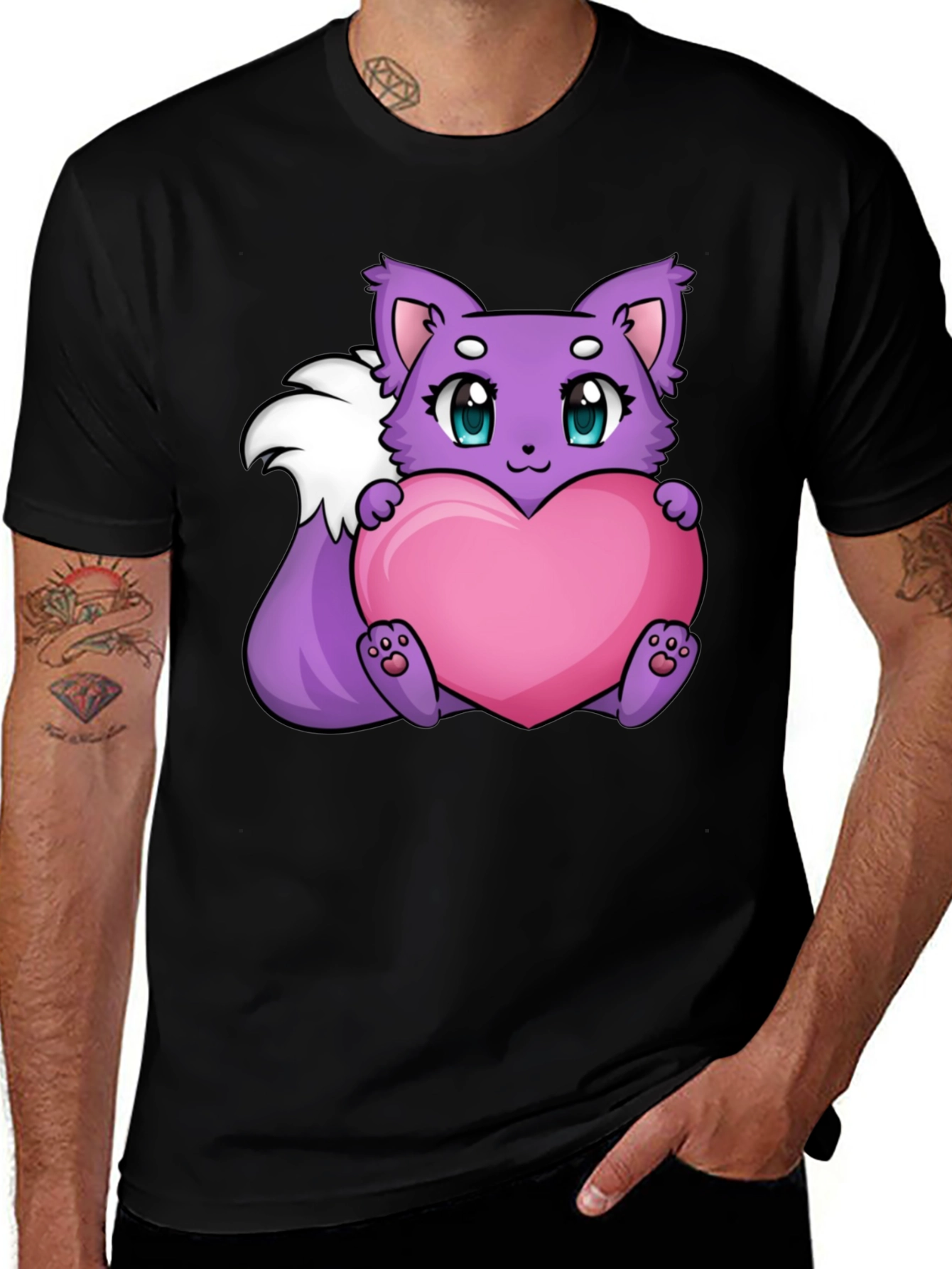 Cute Cartoon Fox Holding Heart - Black T-Shirt