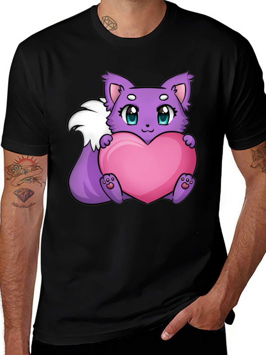 Cute Cartoon Fox Holding Heart - Black T-Shirt