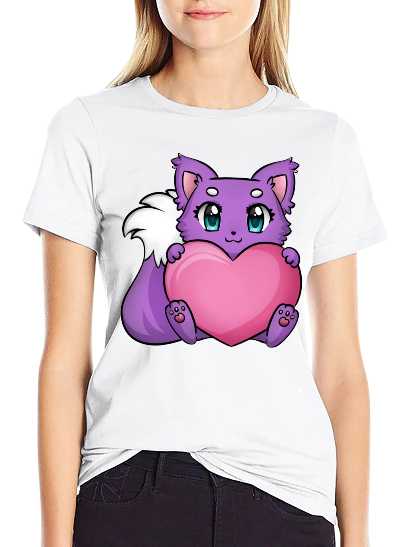 Cute Cartoon Fox Holding Heart - Black T-Shirt