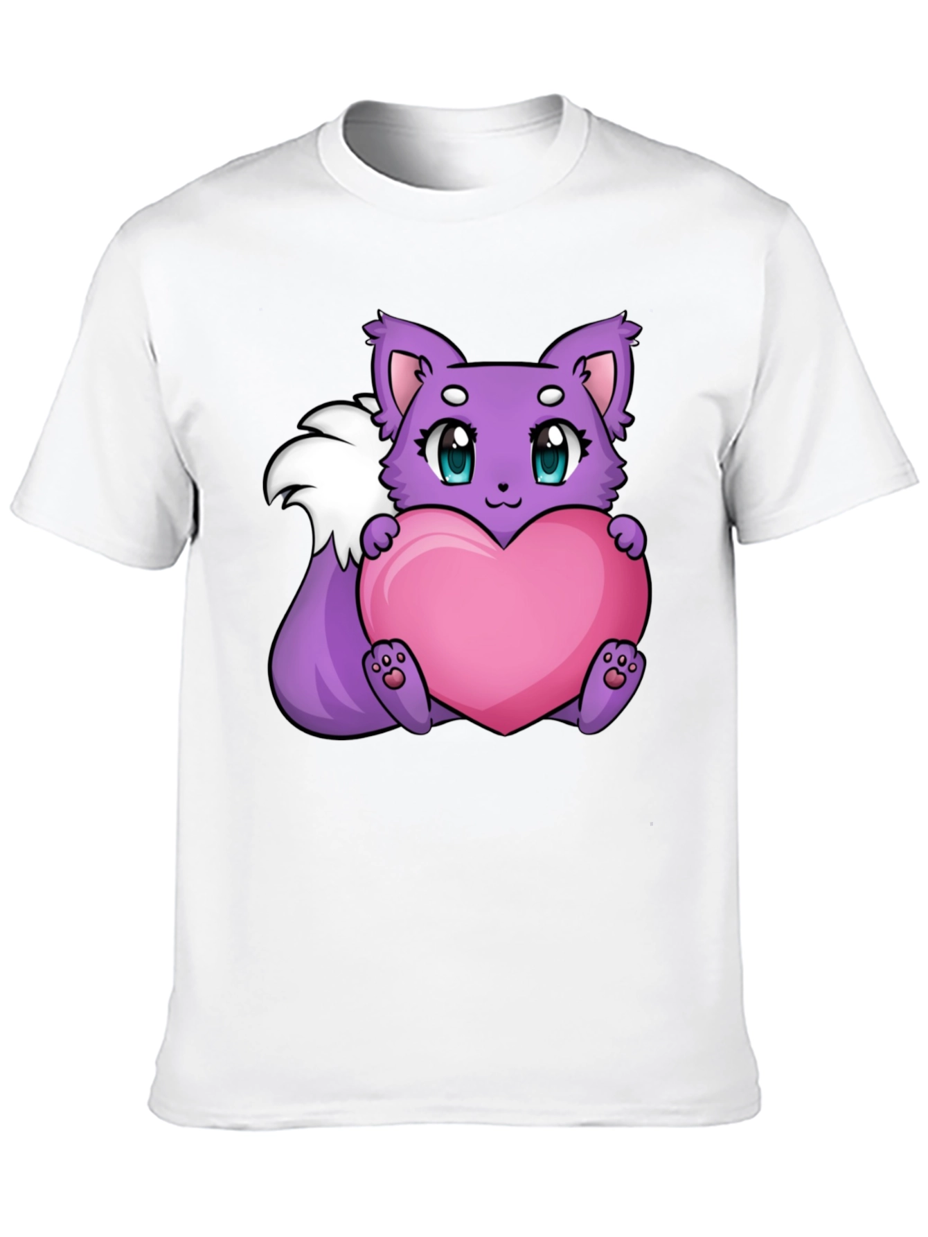 Cute Cartoon Fox Holding Heart - Black T-Shirt