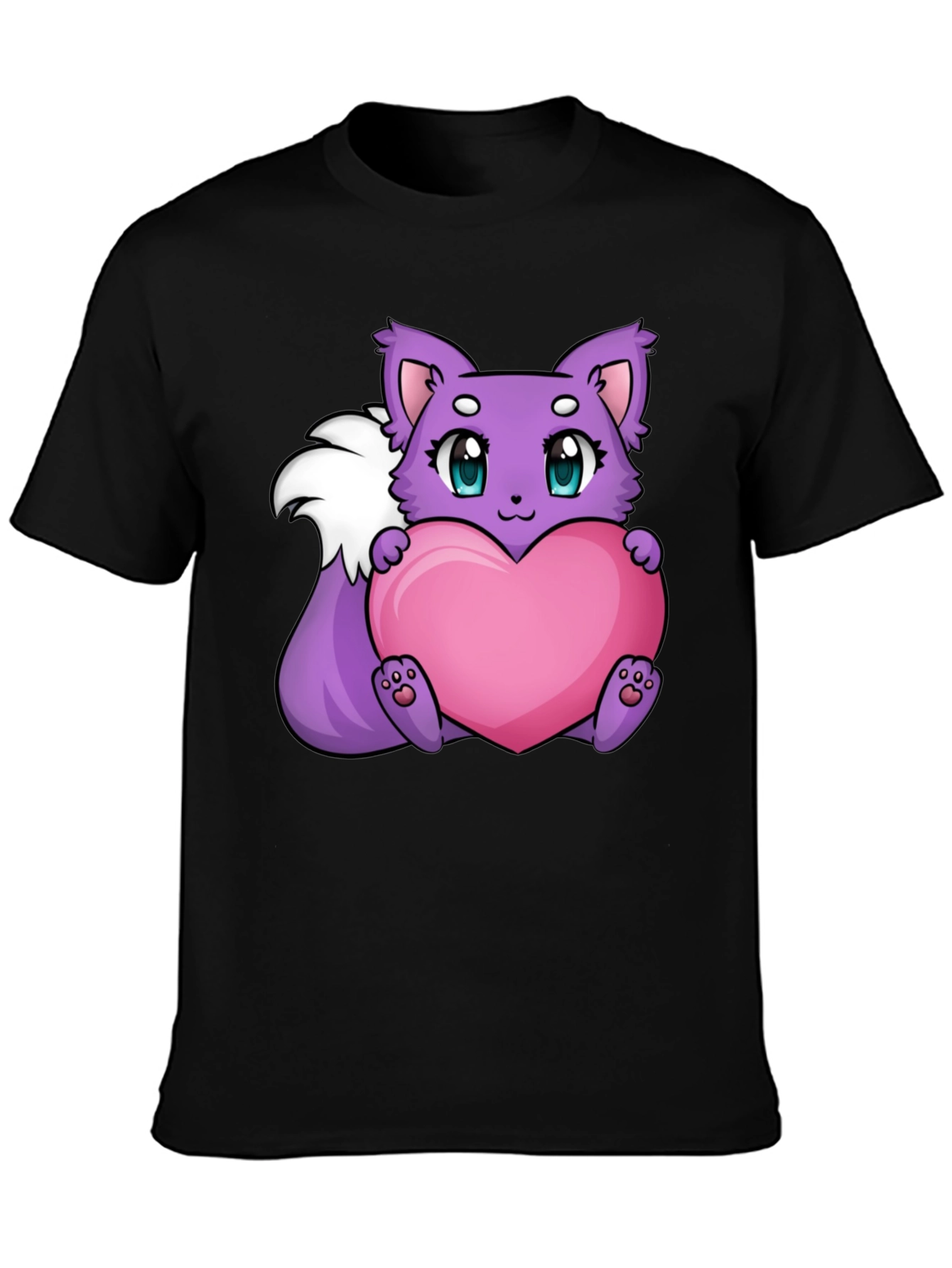 Cute Cartoon Fox Holding Heart - Black T-Shirt