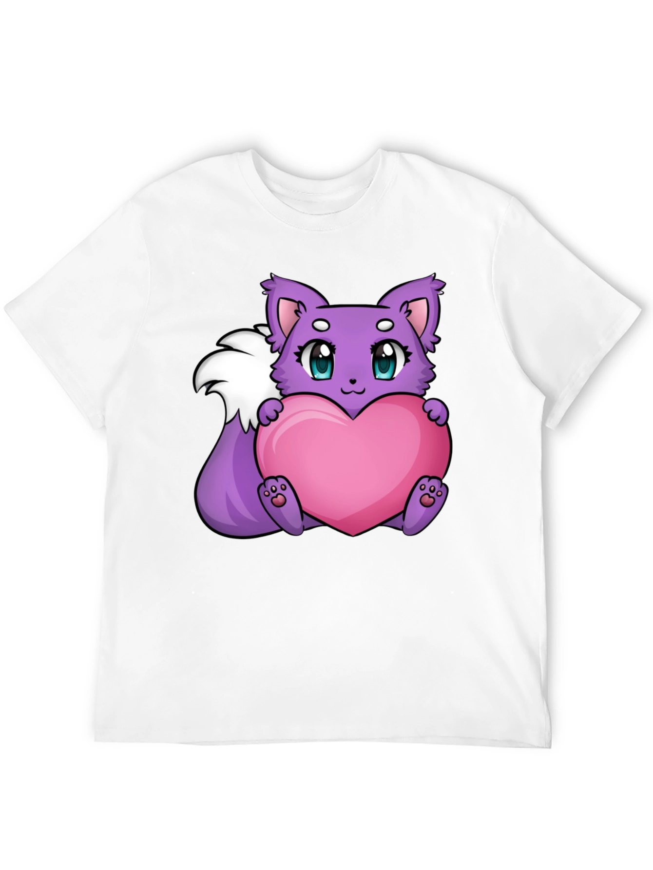 Cute Cartoon Fox Holding Heart - Black T-Shirt