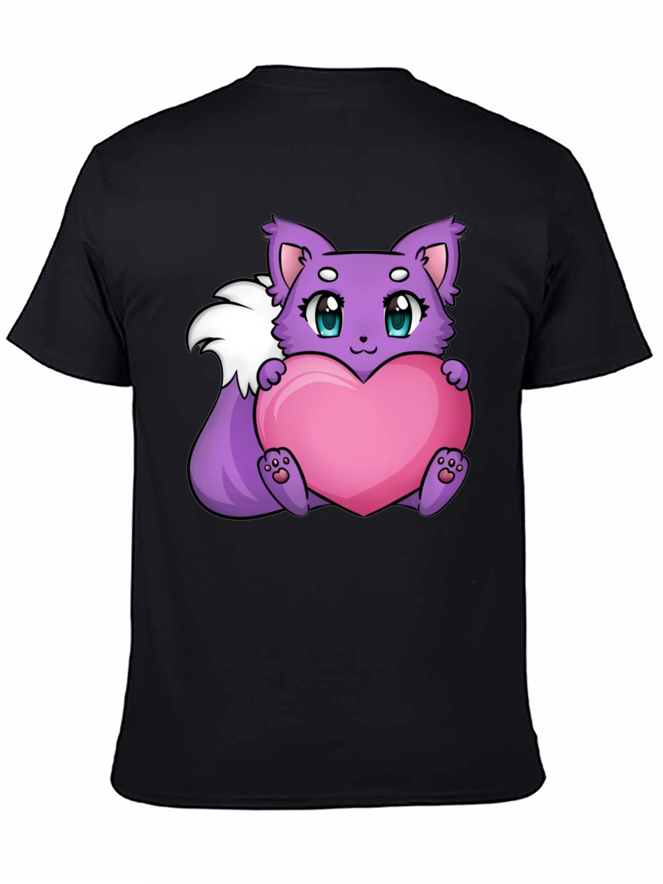 Cute Cartoon Fox Holding Heart - Black T-Shirt