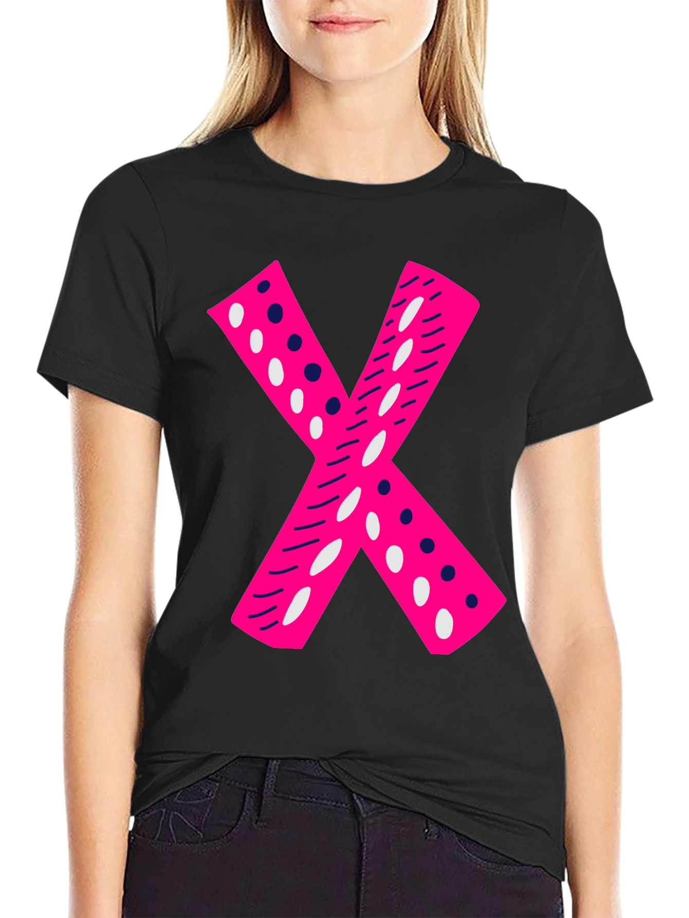 Pink X Graphic Tee - Casual Black T-Shirt