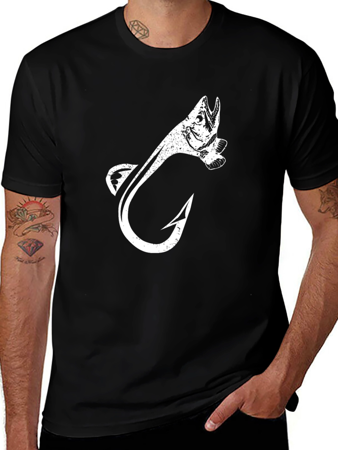Fish Hook Graphic Tee - Black Cotton T-Shirt