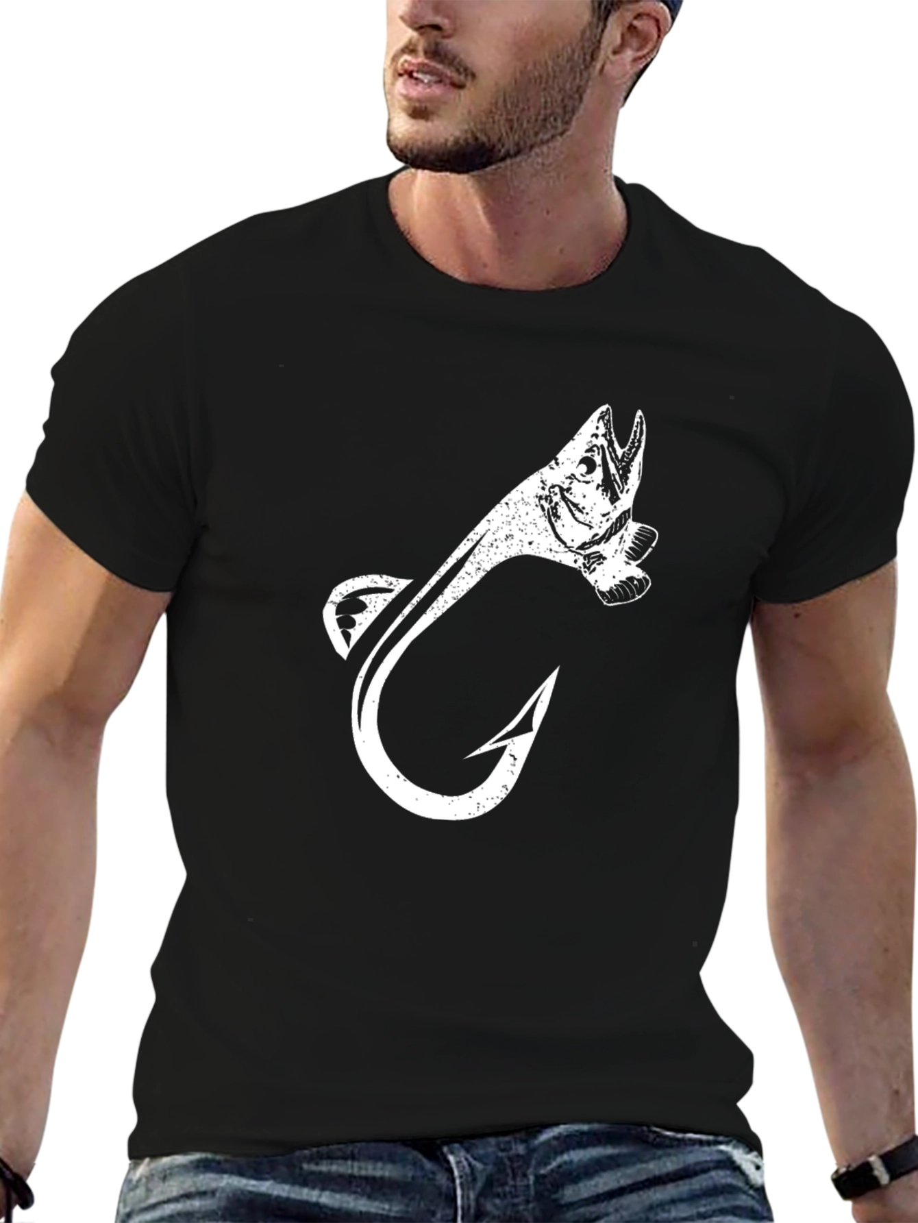 Fish Hook Graphic Tee - Black Cotton T-Shirt
