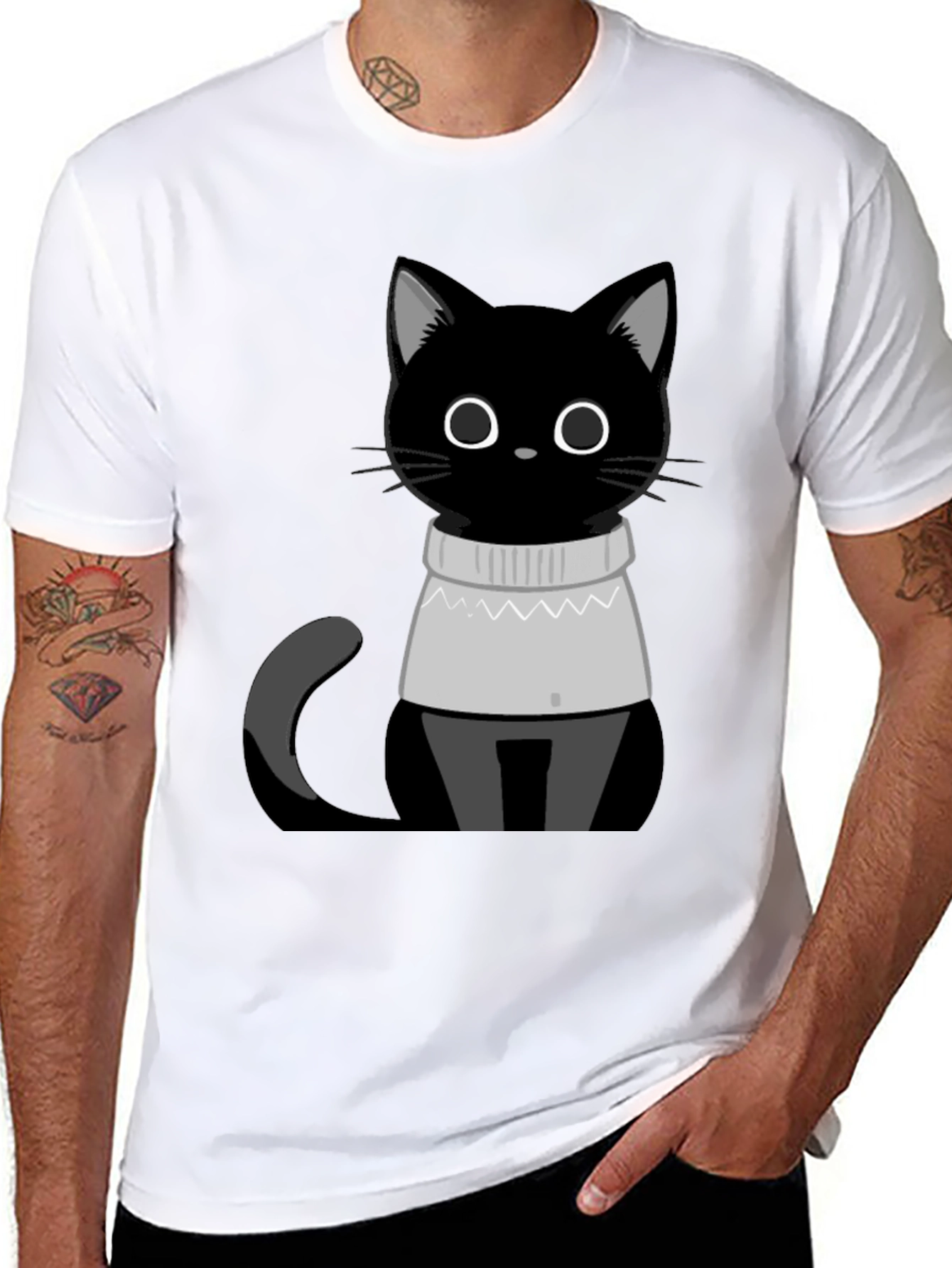 Black Cat in Sweater T-Shirt - Cute Graphic Tee