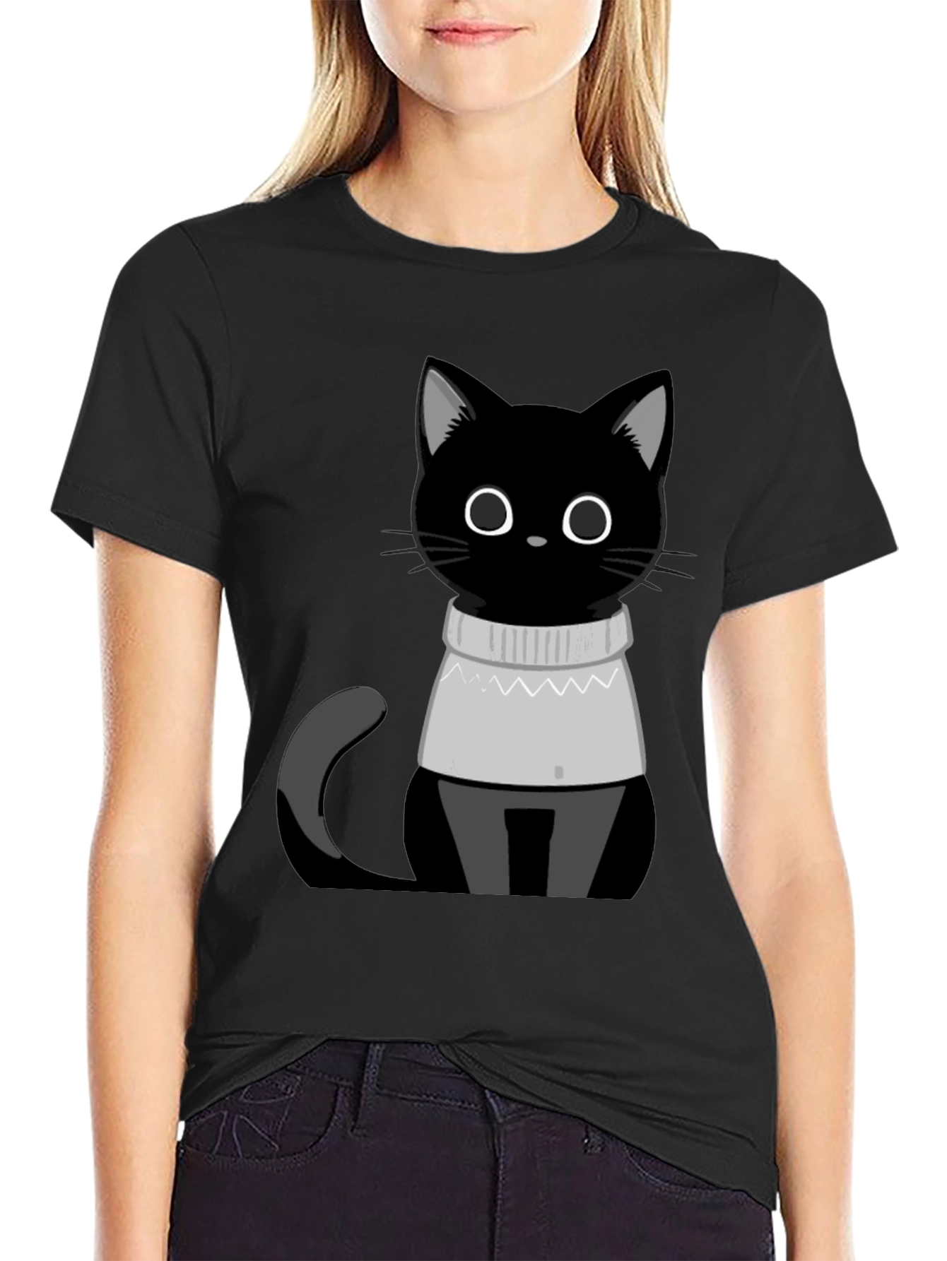 Black Cat in Sweater T-Shirt - Cute Graphic Tee