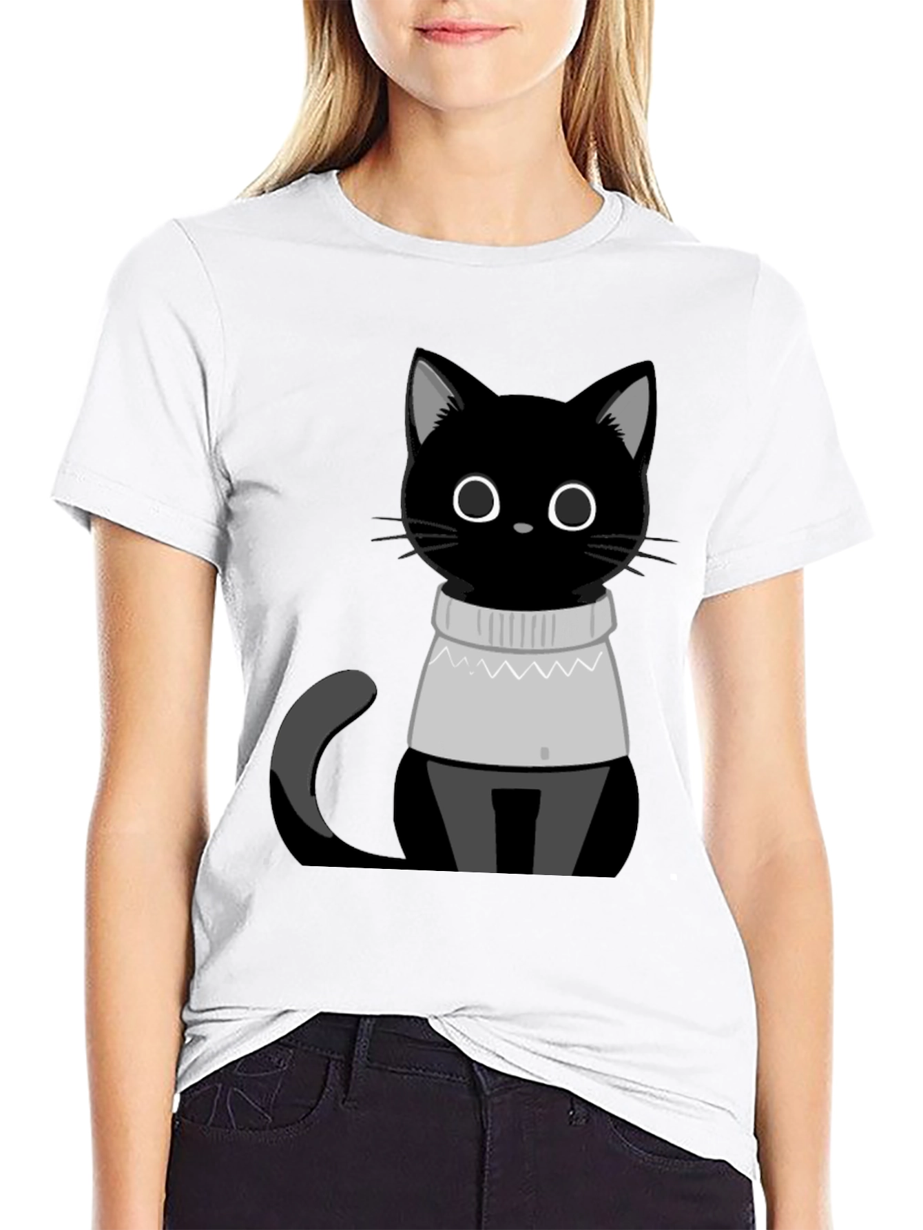Black Cat in Sweater T-Shirt - Cute Graphic Tee