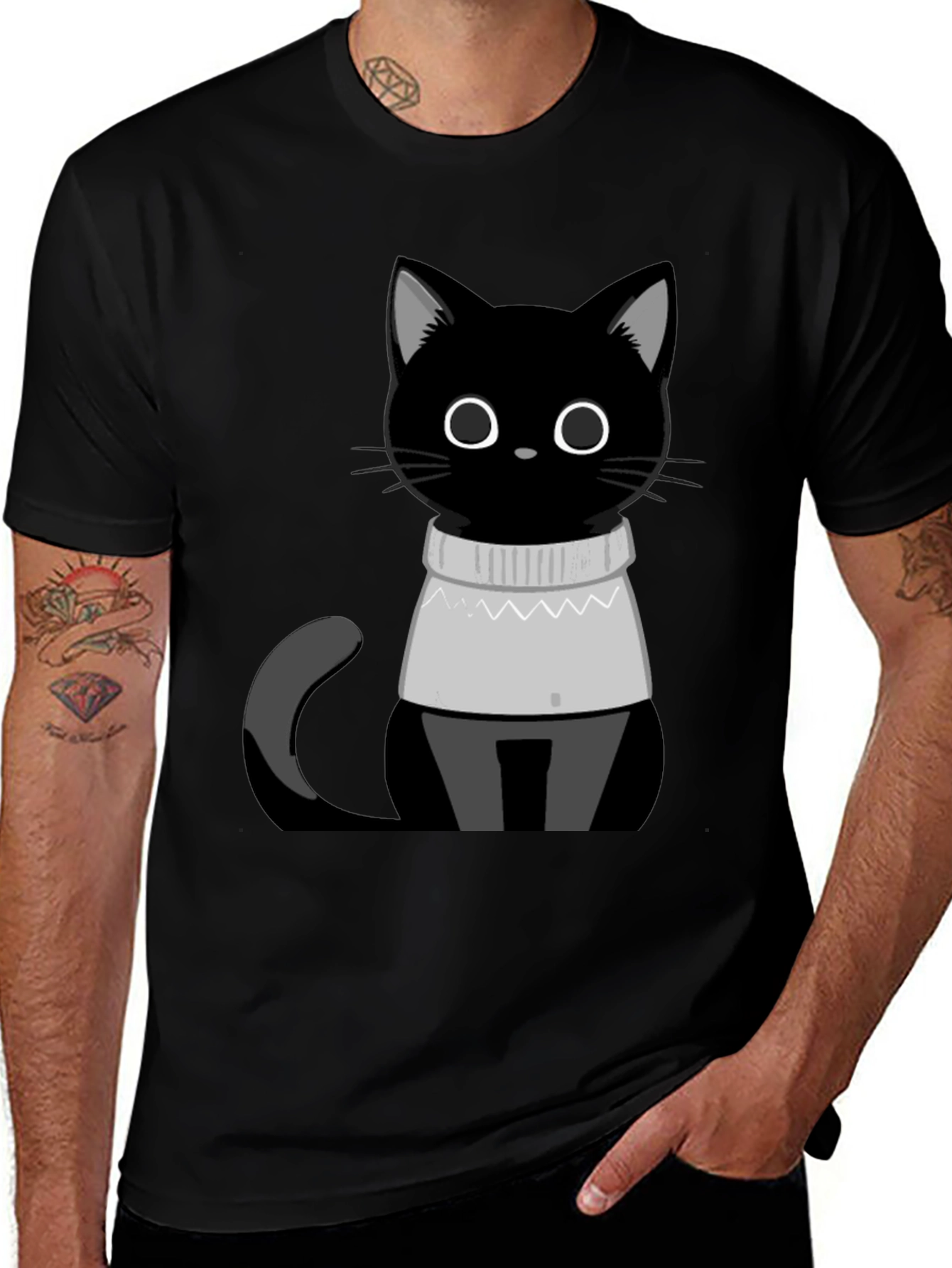 Black Cat in Sweater T-Shirt - Cute Graphic Tee