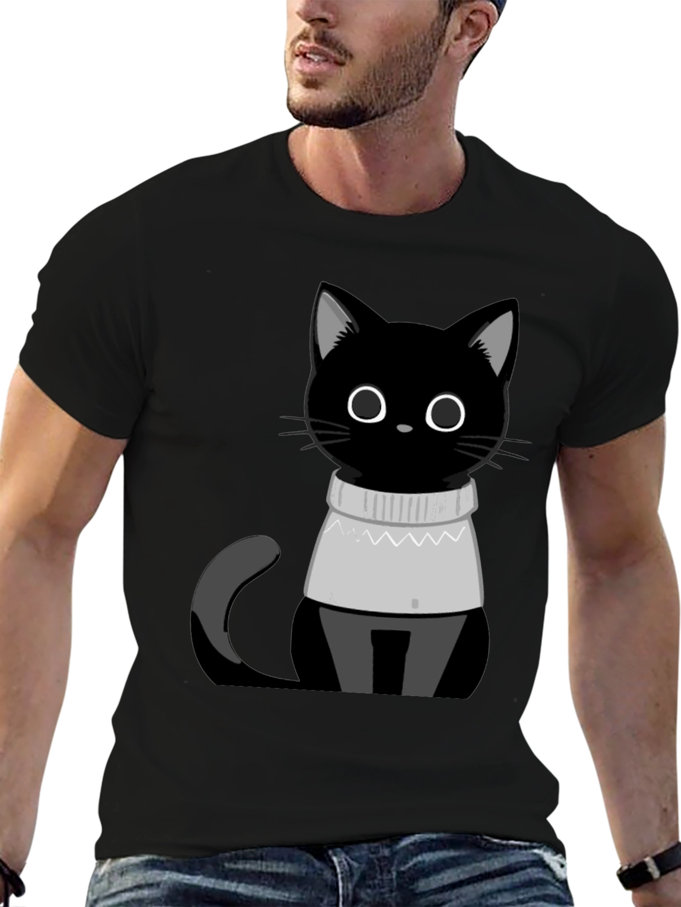 Black Cat in Sweater T-Shirt - Cute Graphic Tee