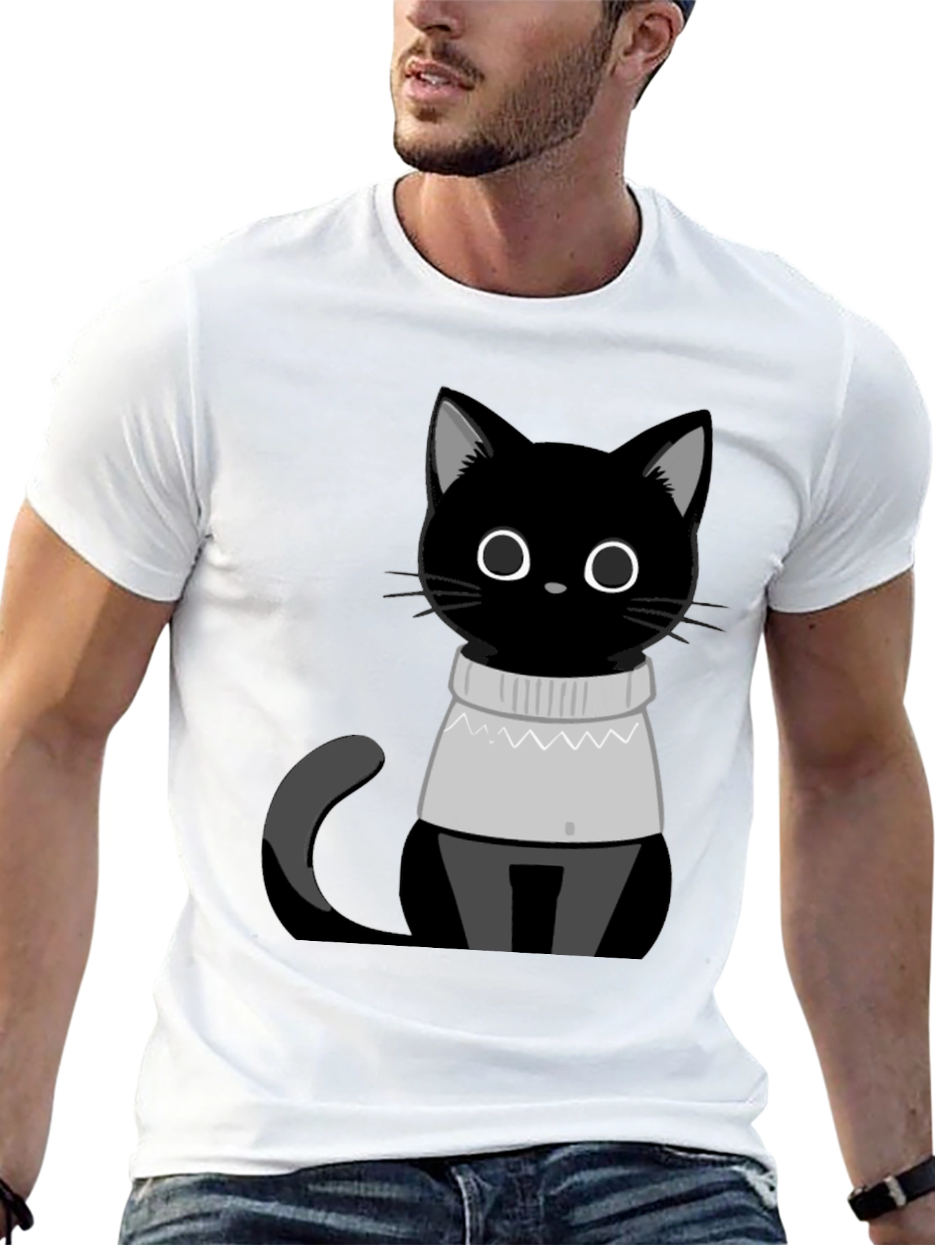 Black Cat in Sweater T-Shirt - Cute Graphic Tee
