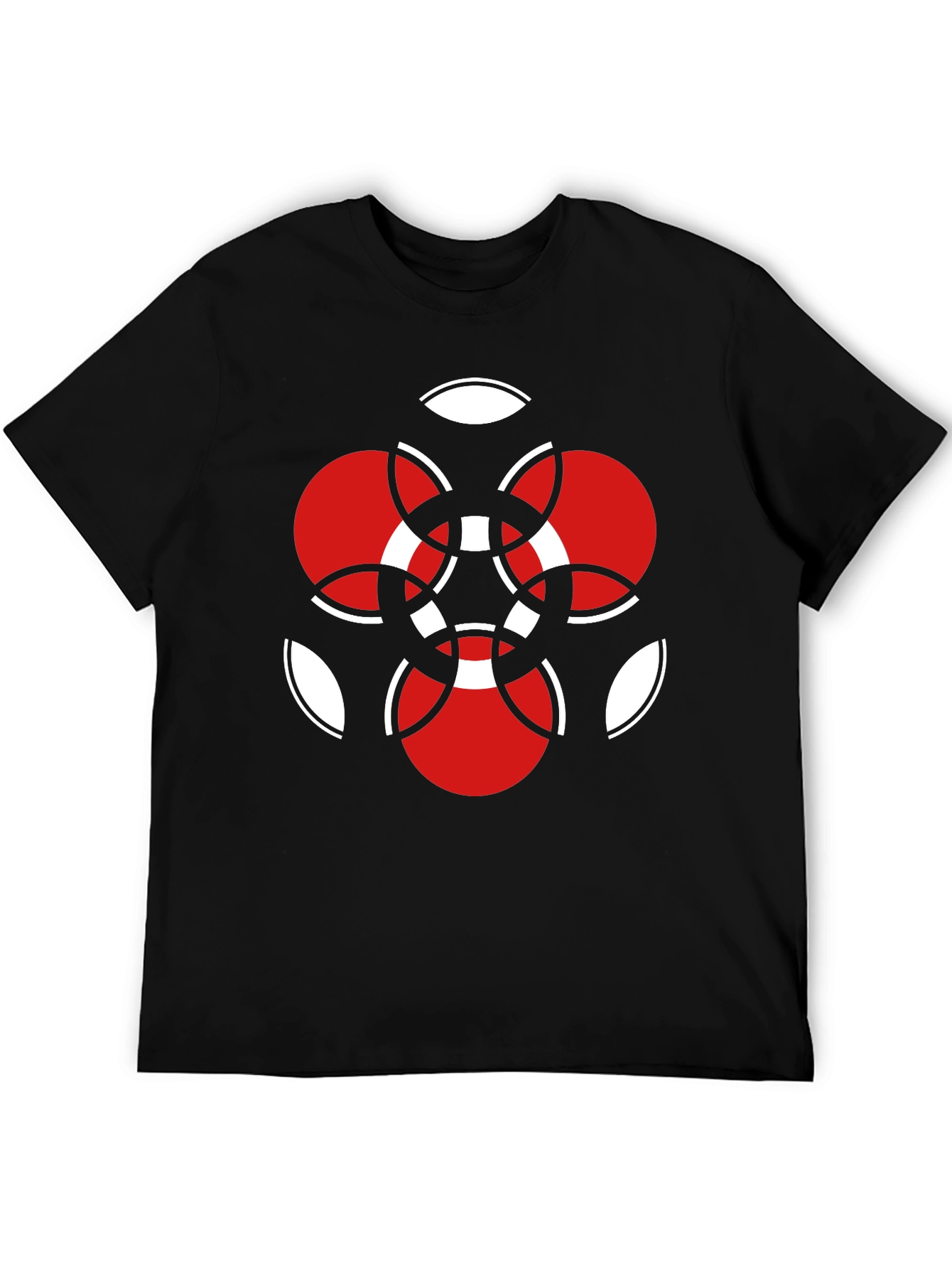 Geometric Red & White Graphic Black T-Shirt