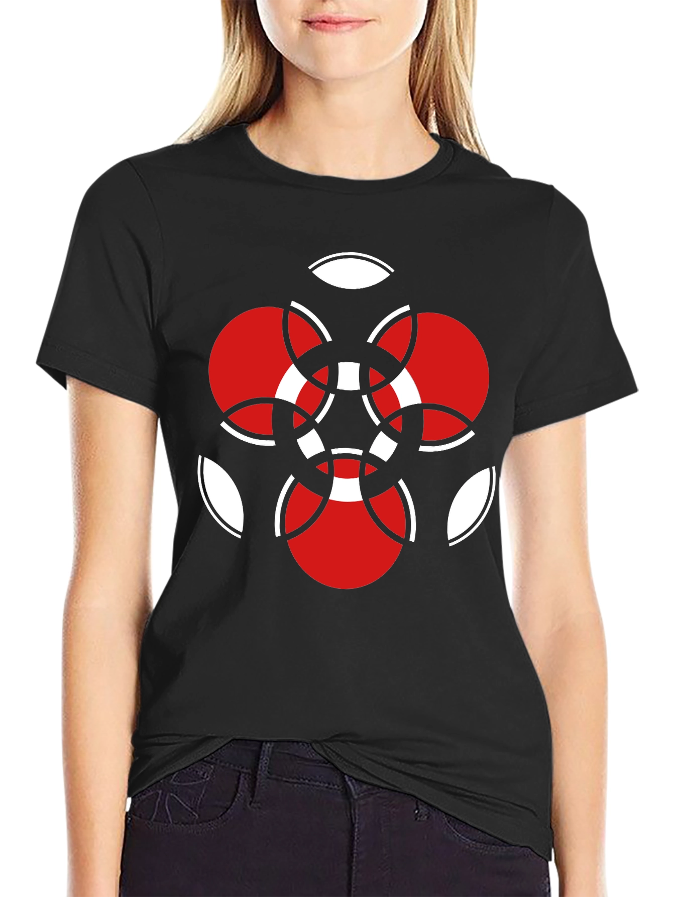 Geometric Red & White Graphic Black T-Shirt