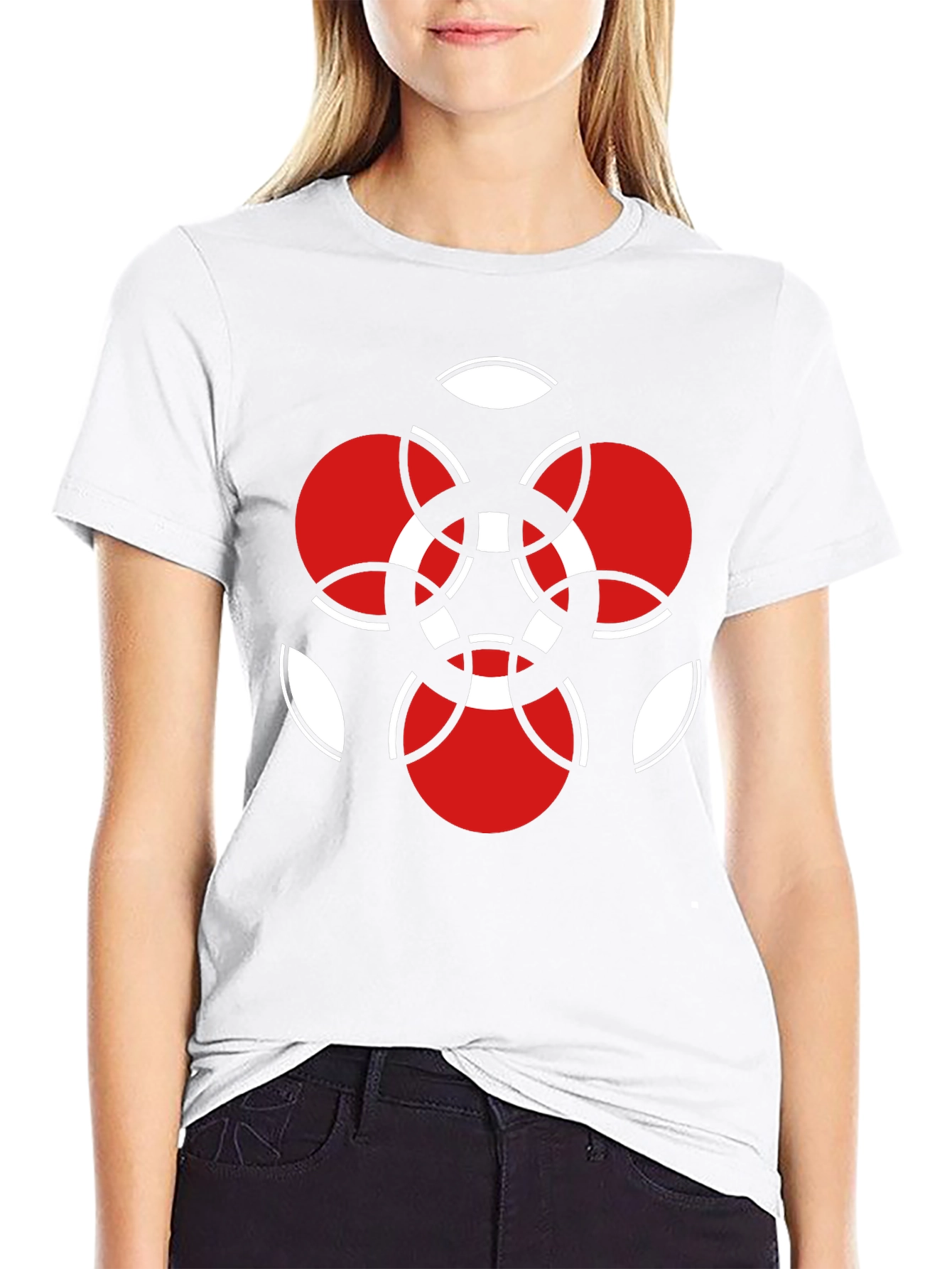 Geometric Red & White Graphic Black T-Shirt