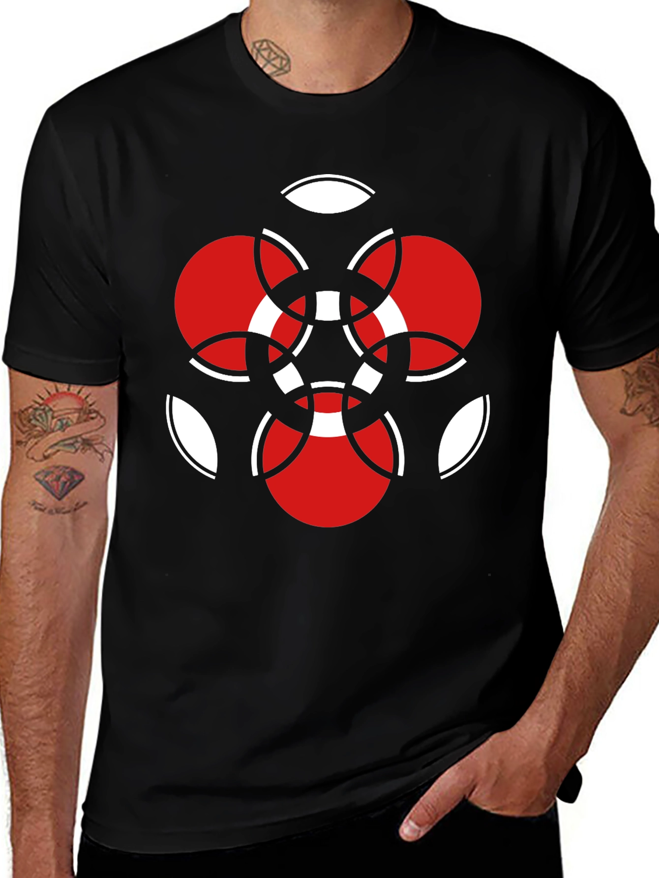 Geometric Red & White Graphic Black T-Shirt