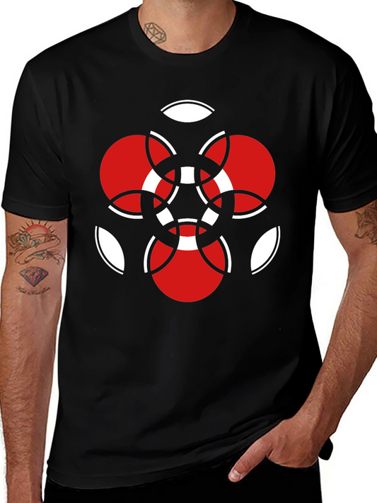 Geometric Red & White Graphic Black T-Shirt