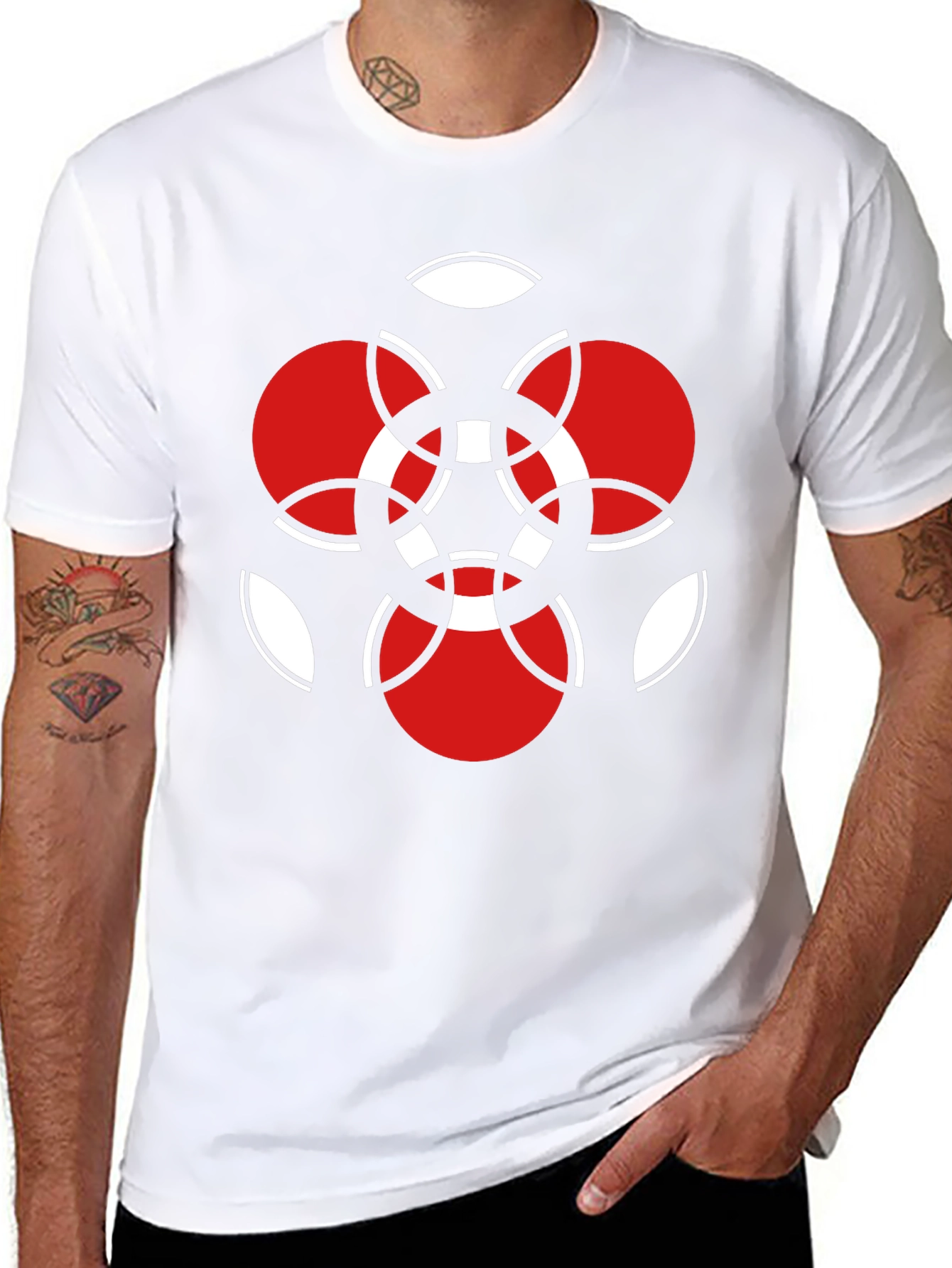 Geometric Red & White Graphic Black T-Shirt