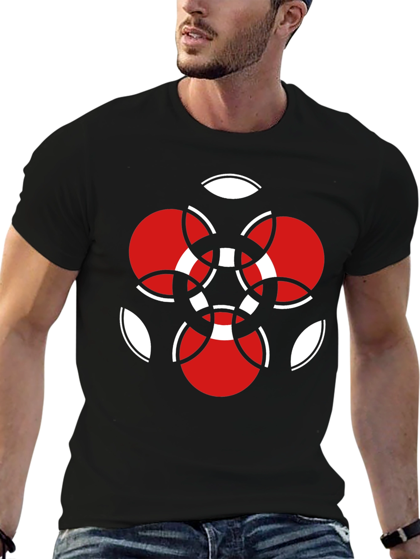 Geometric Red & White Graphic Black T-Shirt
