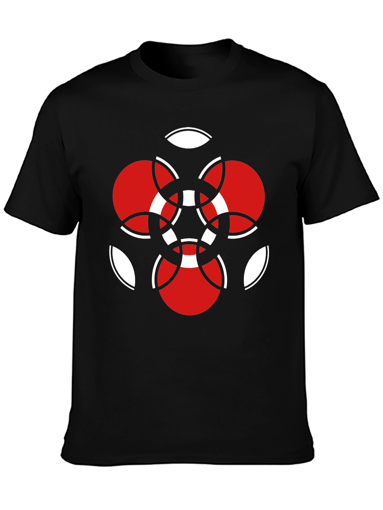 Geometric Red & White Graphic Black T-Shirt