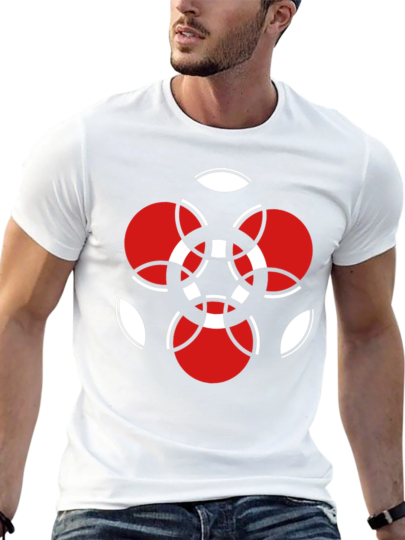 Geometric Red & White Graphic Black T-Shirt