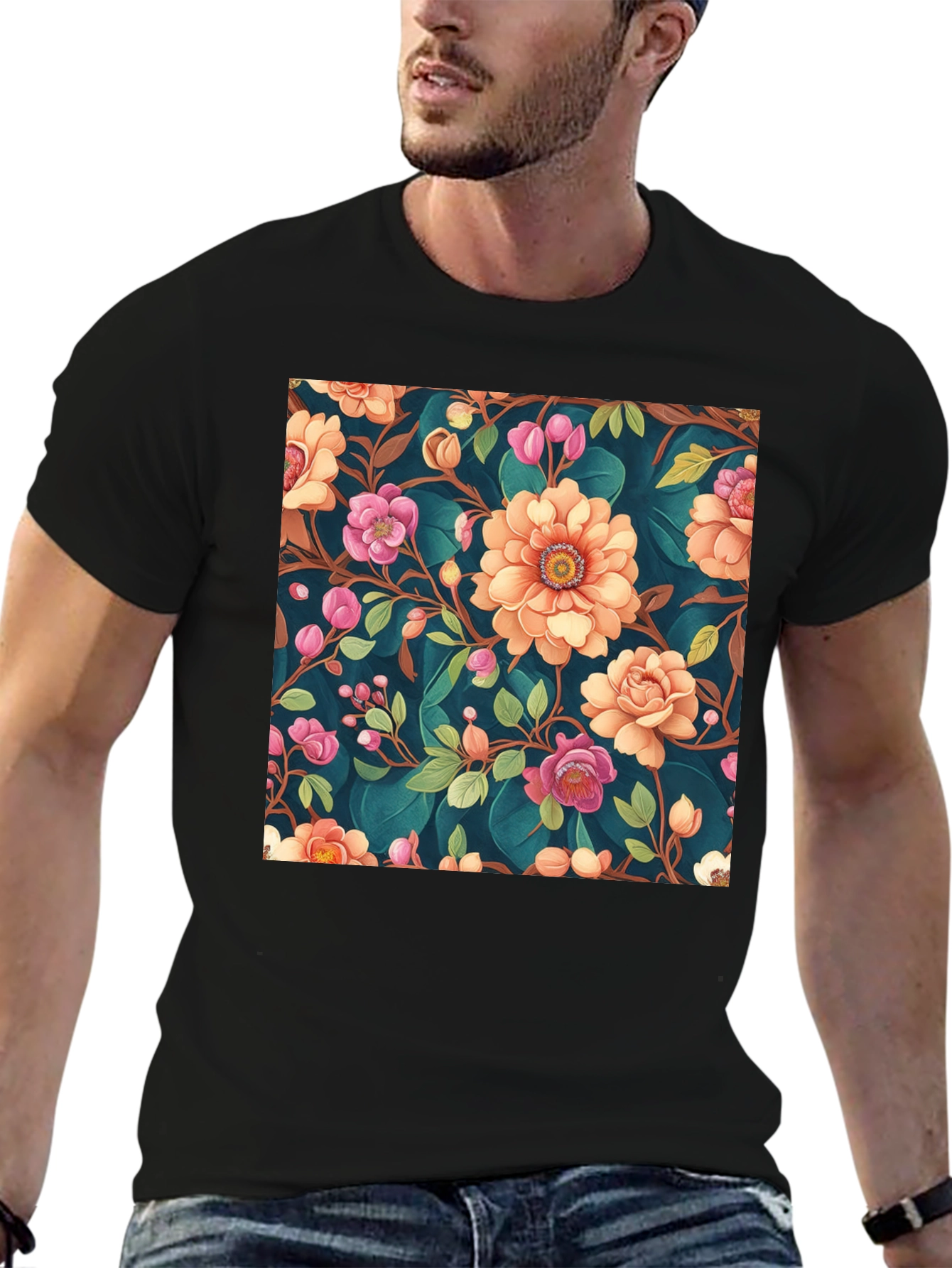 Floral Pattern Black T-Shirt: Stylish Print Tee
