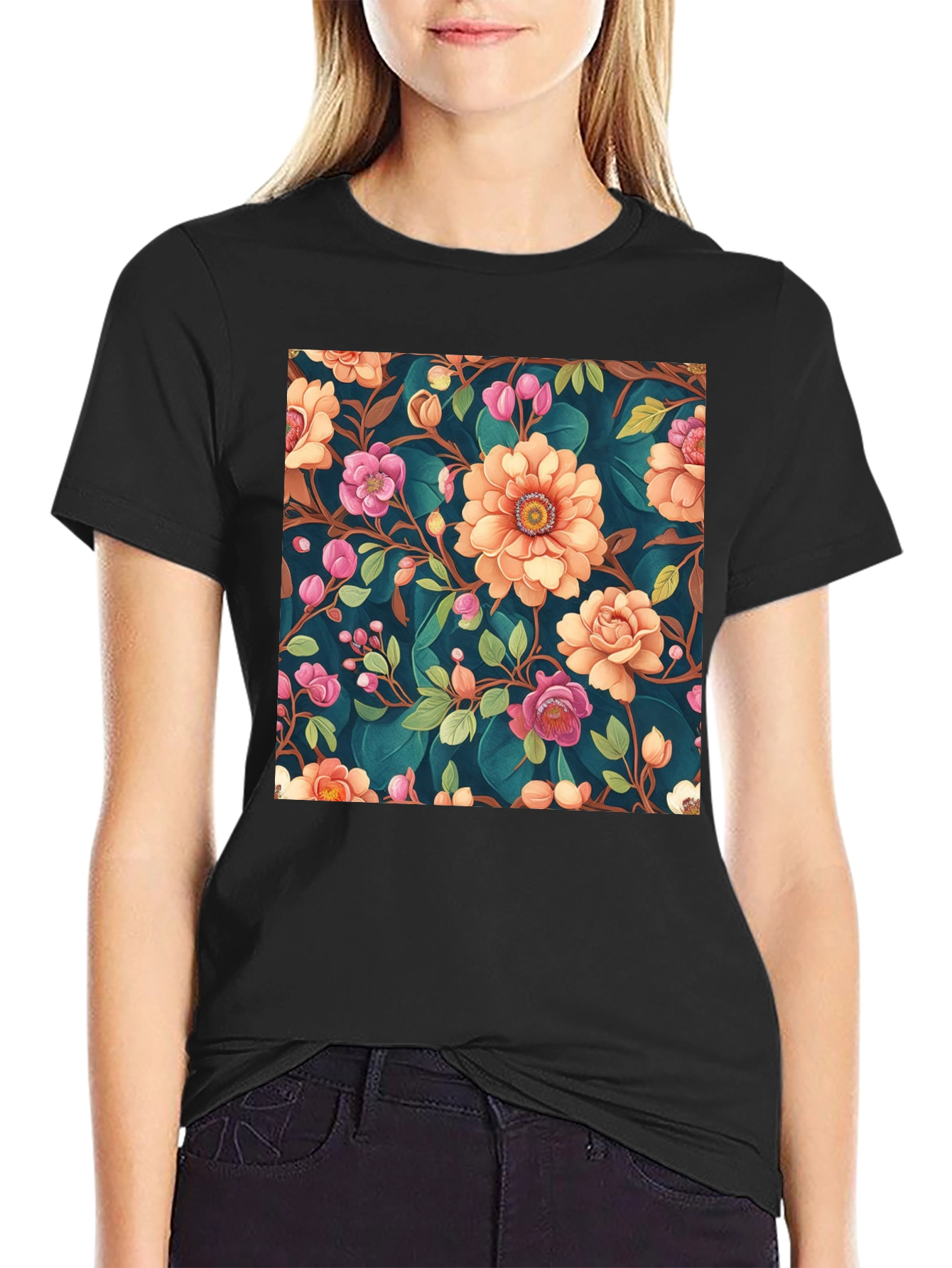 Floral Pattern Black T-Shirt: Stylish Print Tee